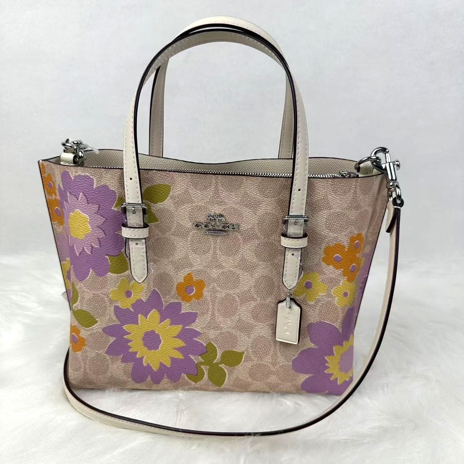 Coach Mollie Tote Bag 25 ISignature Canvas Floral Print Sand