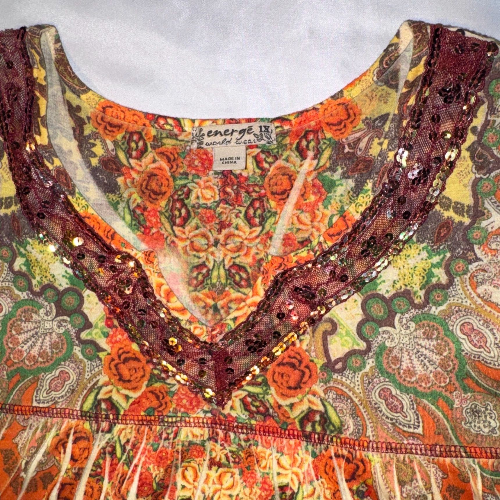 Vintage Energe Blouse Orange 1X Short Sleeve Paisley Sequin Lace Collar Bohemian Top Women Plus Size Size XL / US 12-14 / IT 48-50 - 3 Thumbnail
