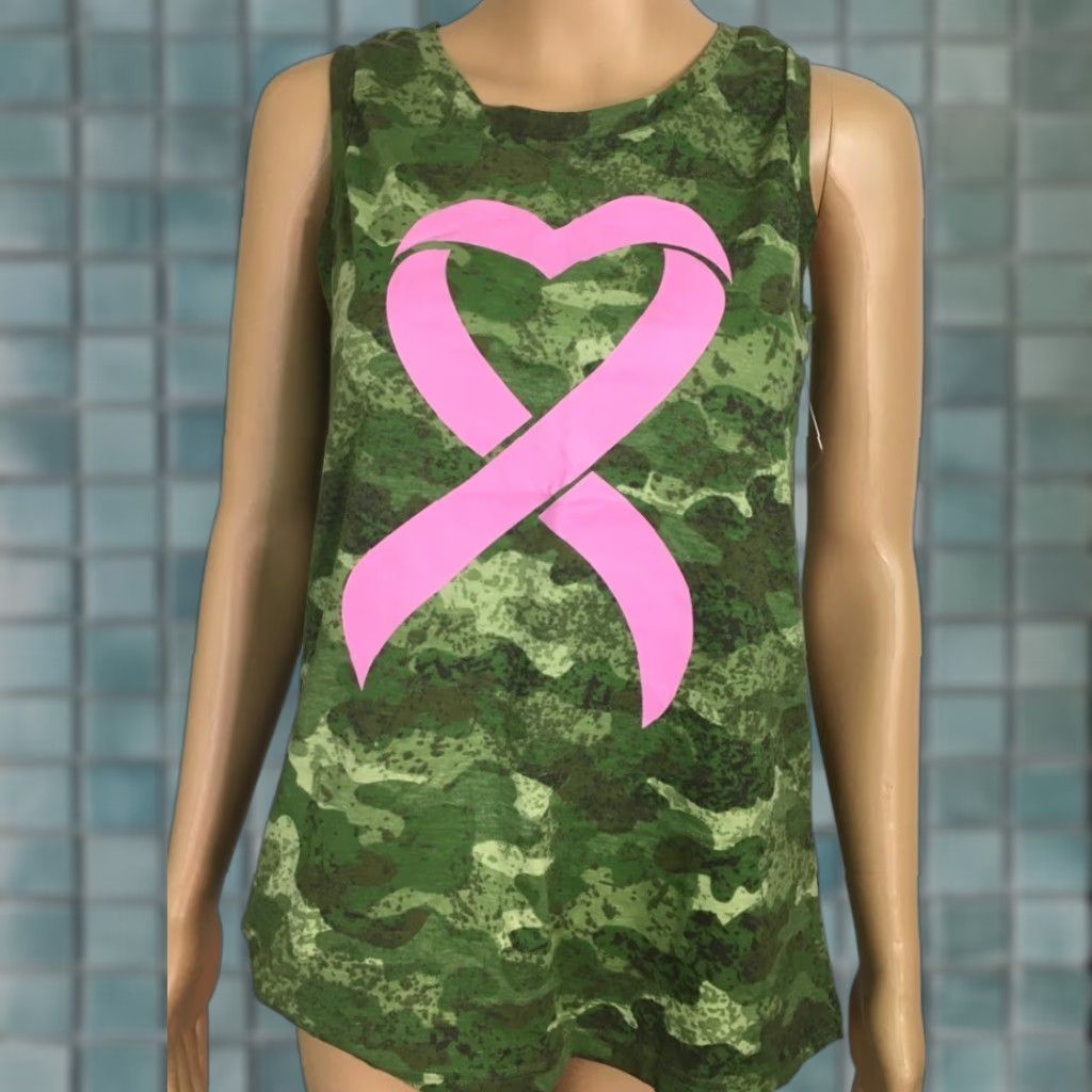 Olive Live Breathe Fight Womens Tank Top Green Camouflage Pink Ribbon Crew Neck XL New Size XL / US 12-14 / IT 48-50 - 1 Thumbnail