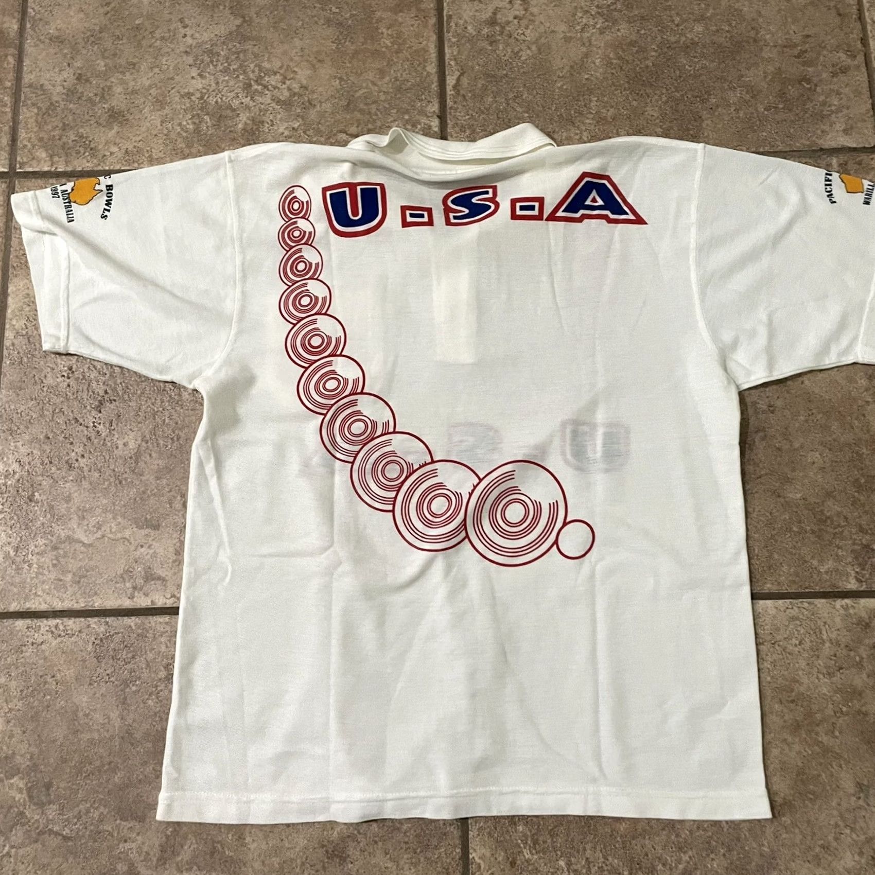 Vintage VINTAGE Pacific Bowls USA Graphic Polo Shirt Mens Size L White 1990s Polo Shirt Mens L USA Graphic Bowls Pacific VTG USA Size US L / EU 52-54 / 3 - 5 Thumbnail