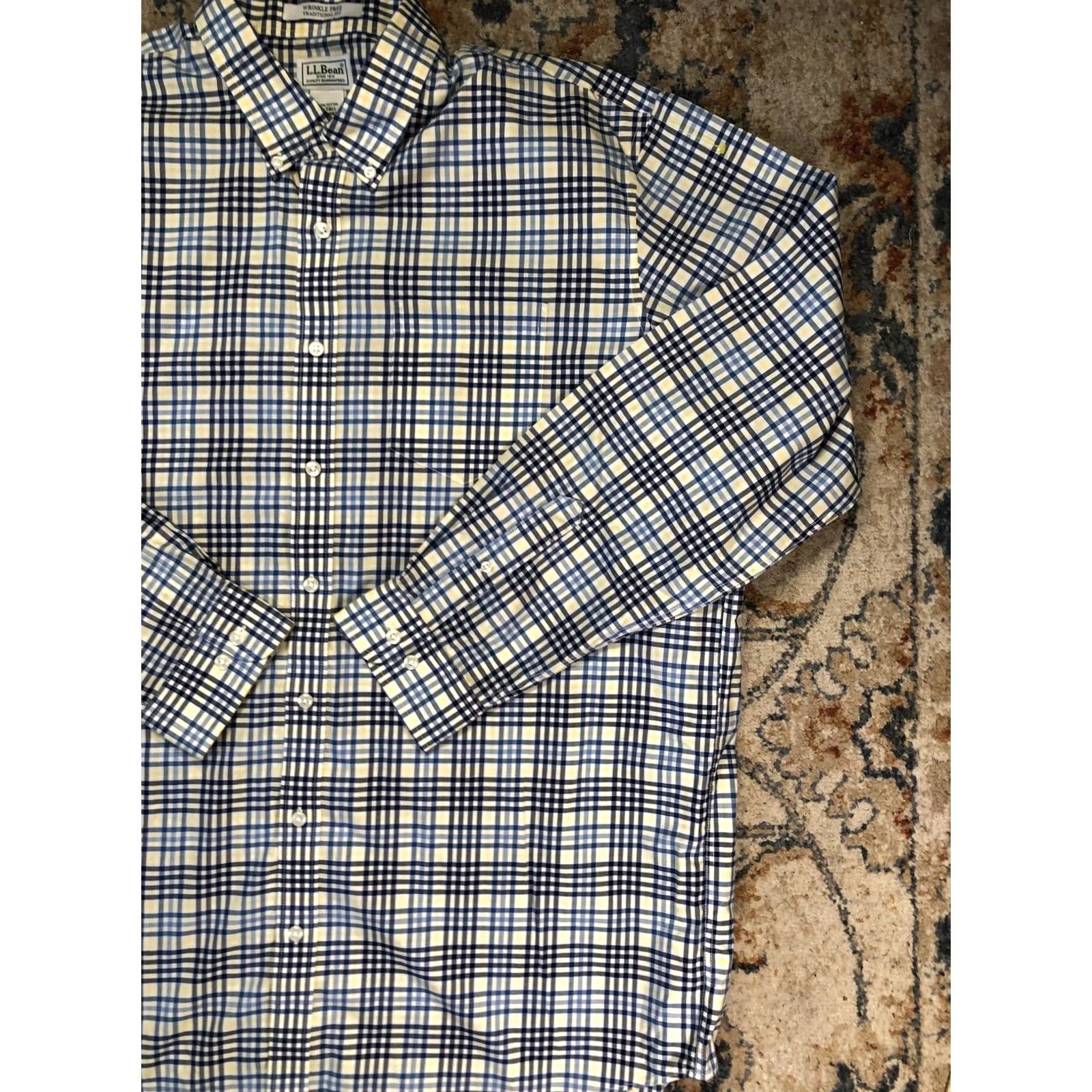 Vintage L.L. Bean Dress Shirt Mens XLT XL Tall Blue Yellow Plaid Wrinkle Free Cotton Shirt Dress Shirt Mens XLT Tall Blue Plaid Wrinkle Free 100% Cotton Size 46R - 4 Thumbnail