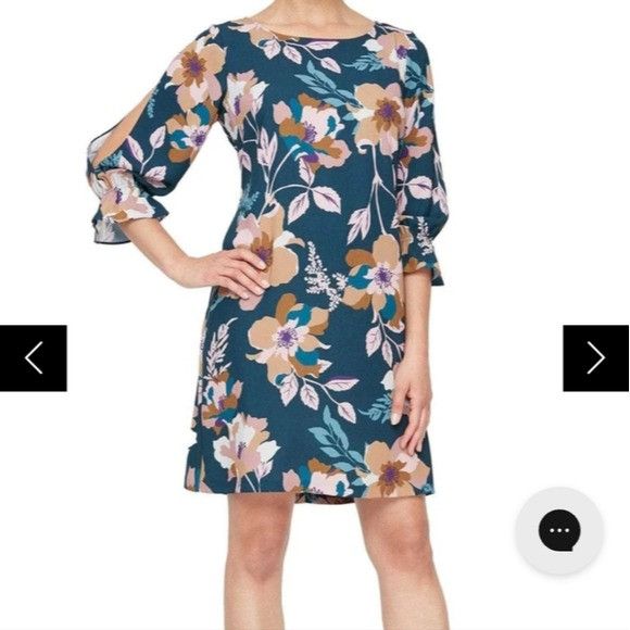 Designer SLNY Teal Floral Jewel Long Sleeve Sheath Sz. 16 Dress Size XXL / US 16-18 / IT 52-54 - 2 Thumbnail