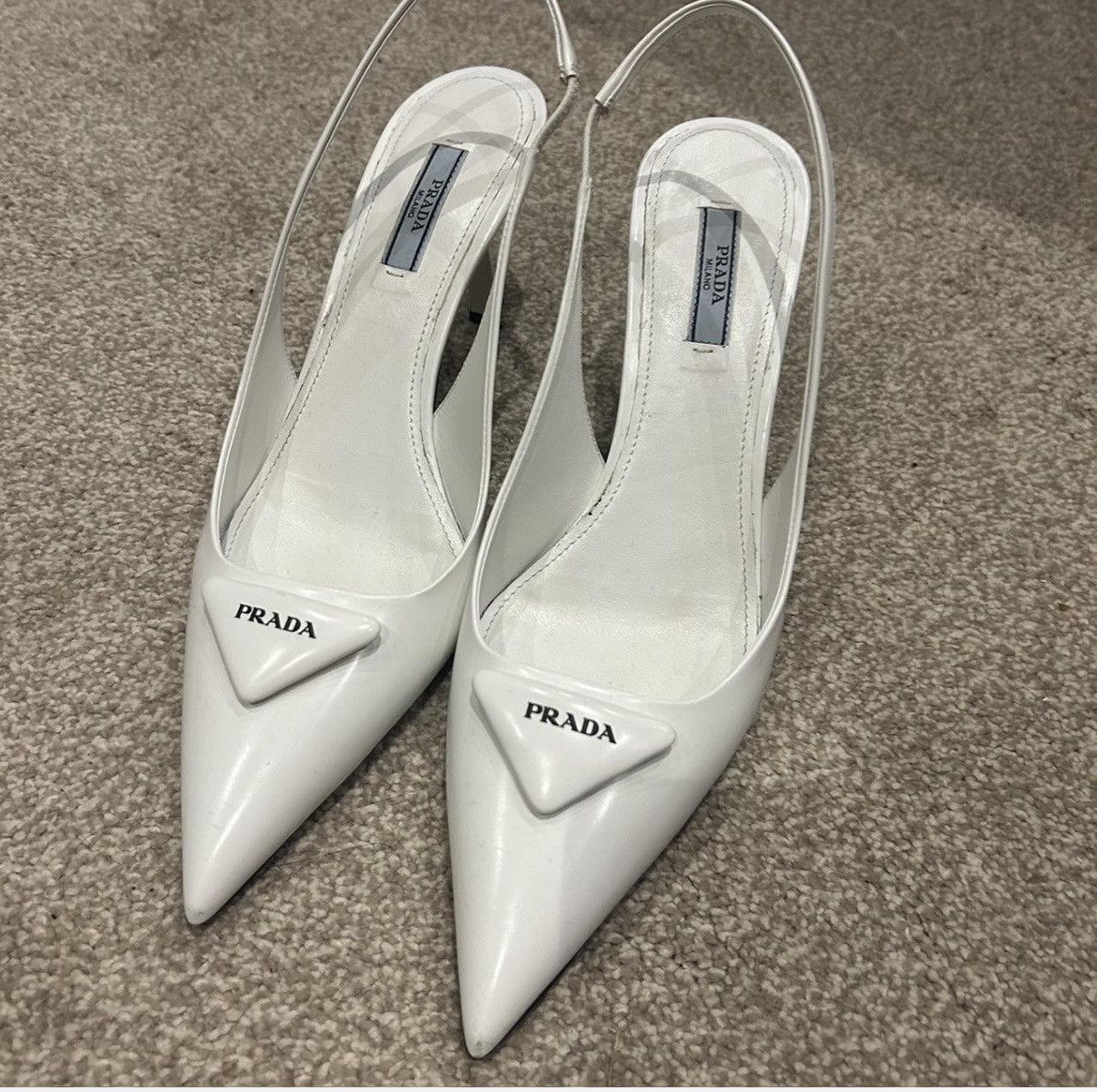 image of Prada White Brushed Leather Slingback Pumps Shoes, Women's (Size 8.5)