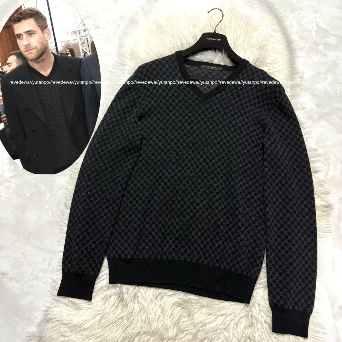 image of Louis Vuitton Micro Damier V-Neck Sweater M Gray Black in Grey, Men's (Size Medium)