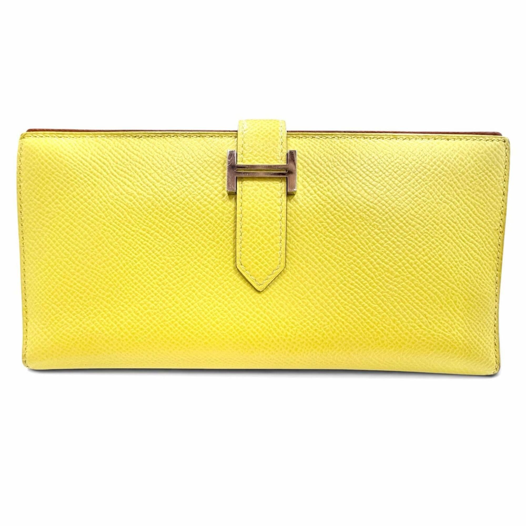 Hermes HERMES Bearn Soufflé Verso Veau Epsom Lime Terre Batue Bicolor Long Wallet with Silver Hardware, Z Stamp (2021), Made in France, Women's Size ONE SIZE - 1 Thumbnail
