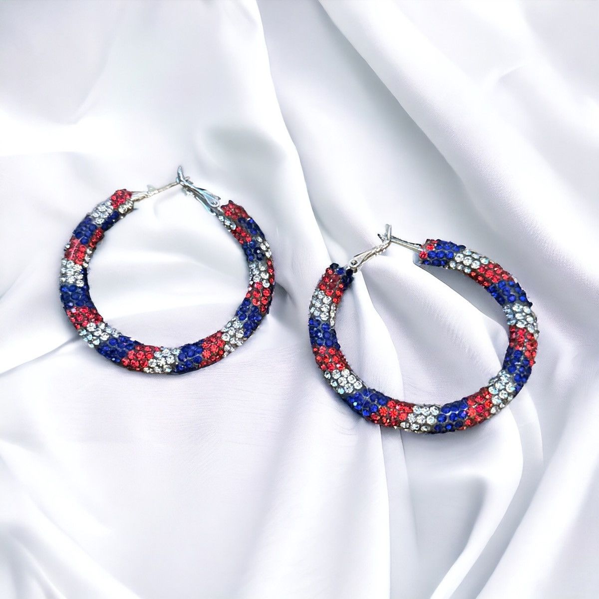Other Red white and blue striped rhinestone hoop earrings Size ONE SIZE - 1 Thumbnail