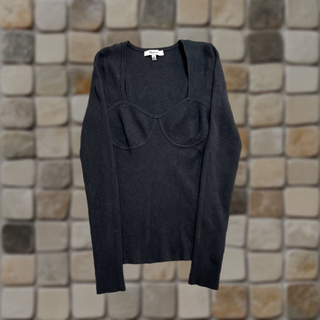 Madewell Madewell Sweater Shirt Womens XS Black Retro Lillie Normcore Square Neck Pullover Knit Viscose Polyester Ribbed Casual Womens Size XS / US 0-2 / IT 36-38 - 1 Thumbnail