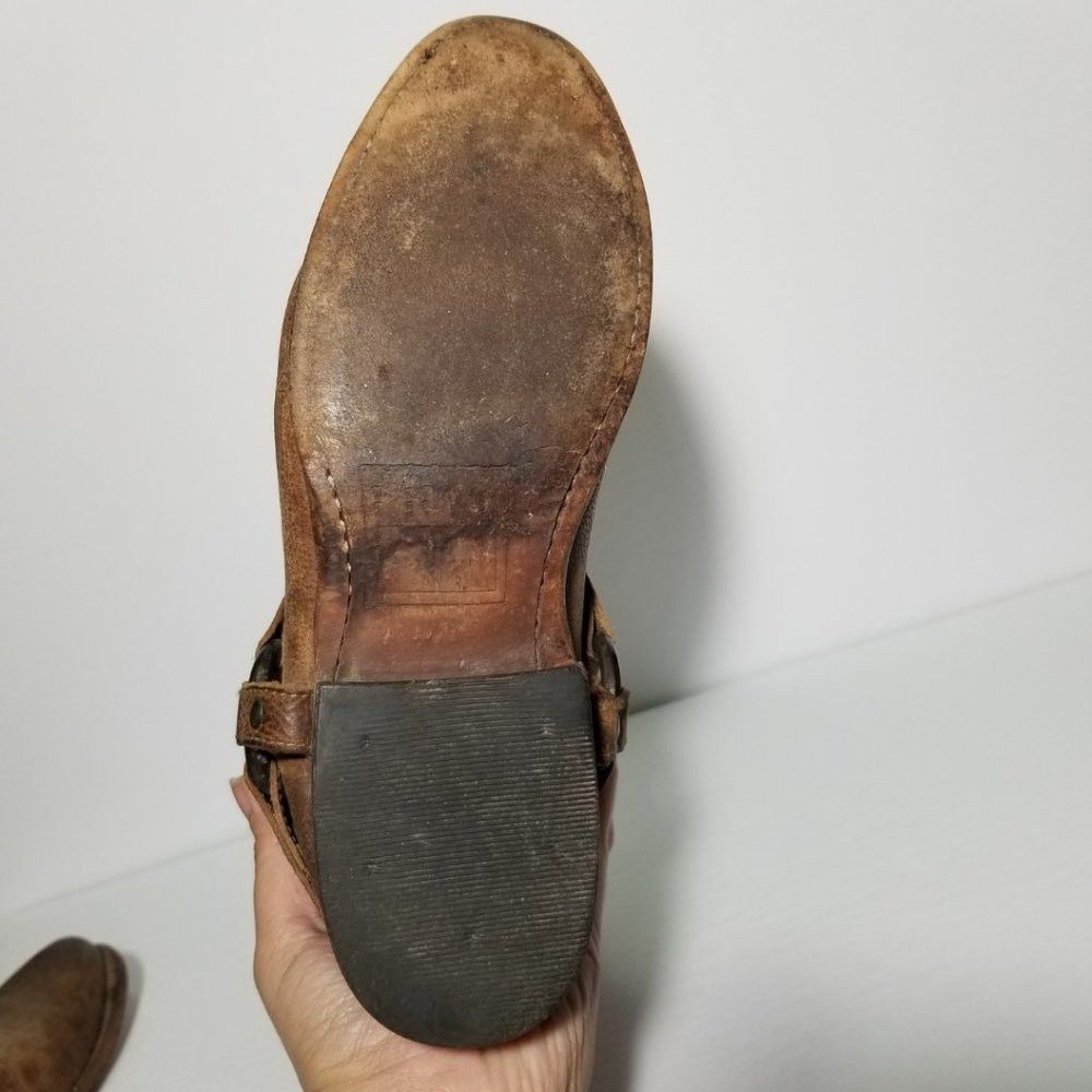FRYE Brown Leather Wyatt Harness Mid Calf Cowboy Boots
