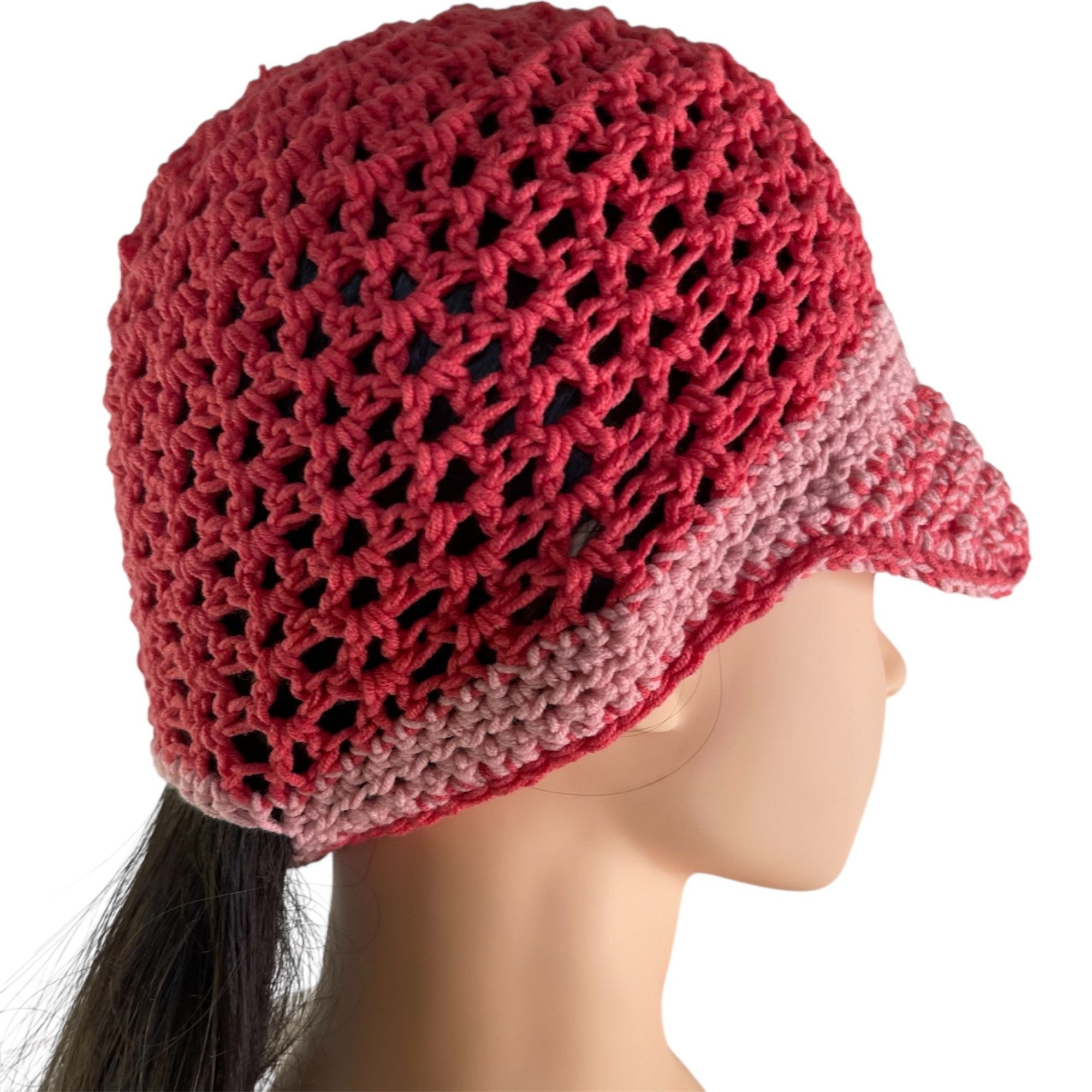 Handmade Crochet Baseball Cap Ponytail Hat Breathable Pattern Pink Ad Size ONE SIZE - 8 Thumbnail