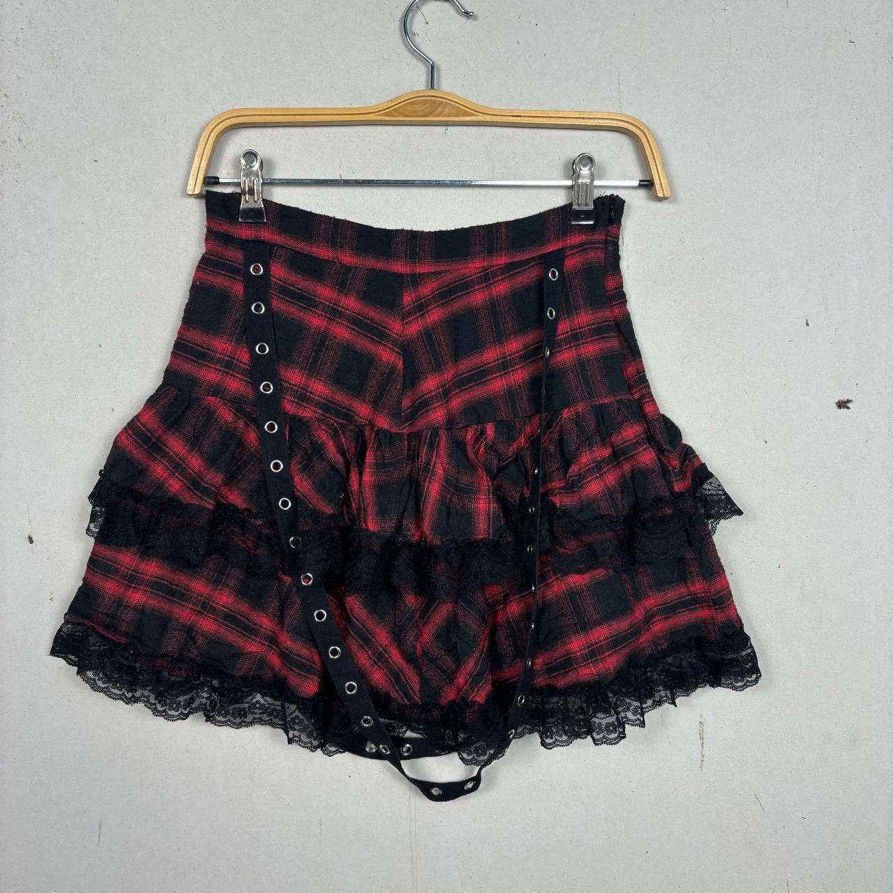 Japanese Brand ROMWE Red Plaid Lace Tiered Mini Skirt - Mall Goth Punk S Size 26" / US 2 / IT 38 - 3 Thumbnail