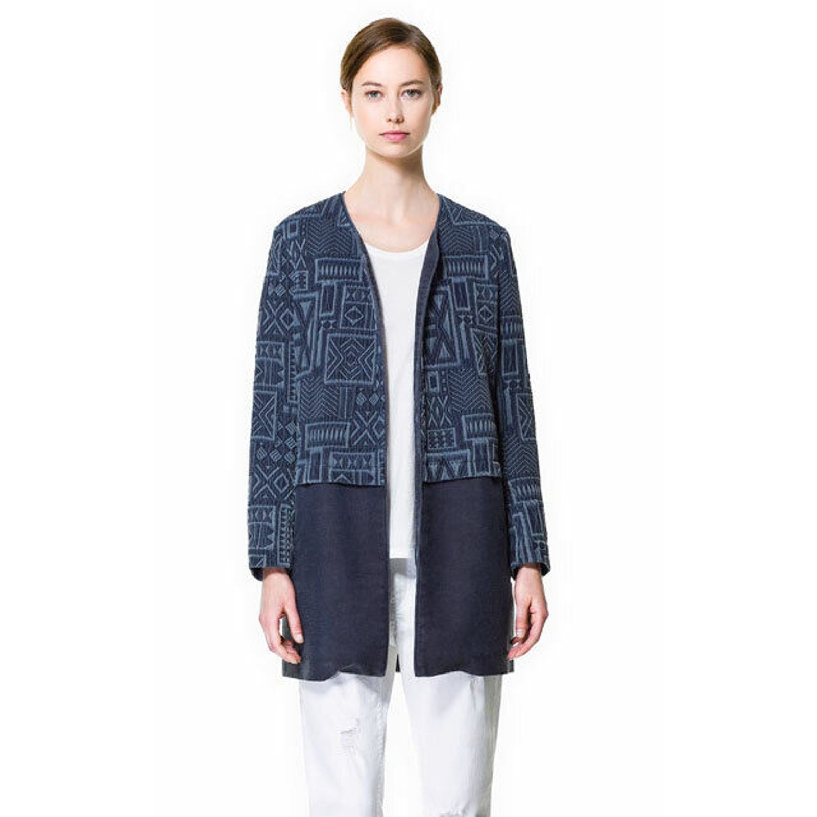 Zara Zara Aztec Jacquard Duster Jacket Blue Textured Cotton Linen Size S / US 4 / IT 40 - 9 Thumbnail