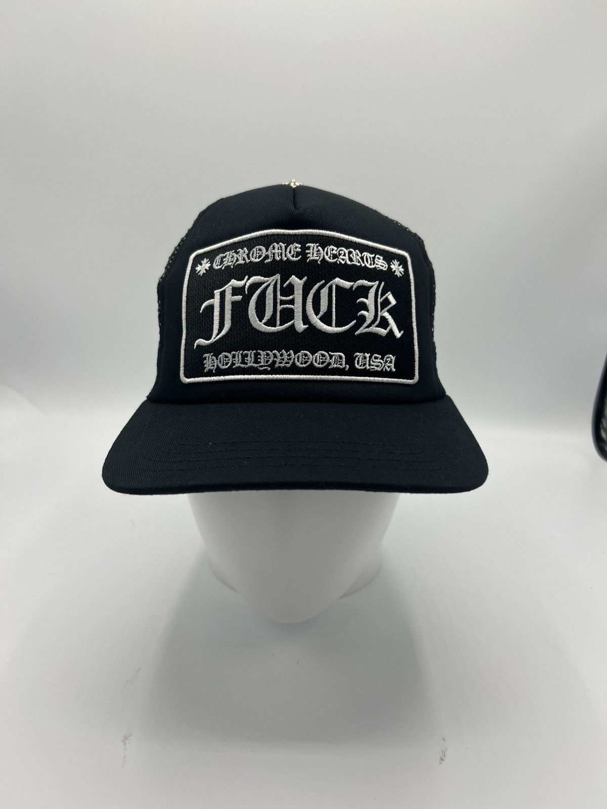 Chrome Hearts Chrome Hearts Black/White Fuck Hollywood Trucker Hat | Grailed