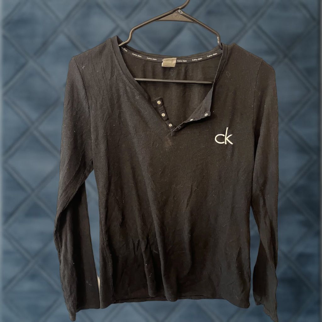 Calvin Klein VINTAGE Calvin Klein Sleep Shirt Women XS Black Henley Long Sleeve Cotton Blend Logo Embroidered Size XS / US 0-2 / IT 36-38 - 1 Thumbnail