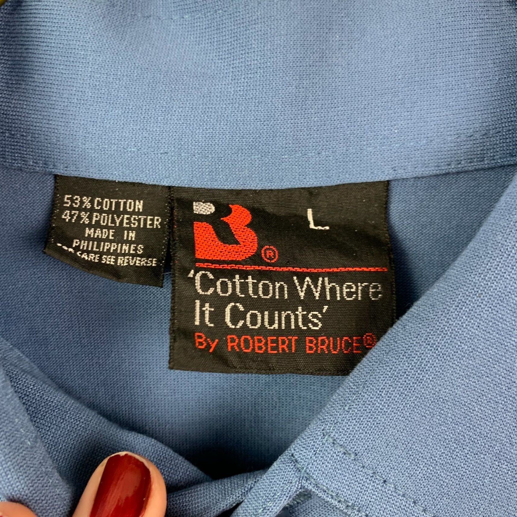 Vintage Vintage Robert Bruce Cotton Where It Counts Preppy Polo Blue Large Shirt Mens 90s Polo Shirt Short Sleeve 53/47 Cotton-Poly Blend Size US L / EU 52-54 / 3 - 4 Thumbnail