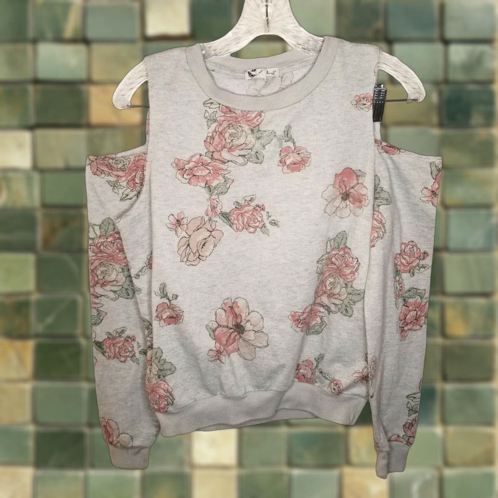 Vintage About A Girl Sweater S Gray Floral Long Sleeve Shoulder Reveal Womens Size S / US 4 / IT 40 - 1 Thumbnail