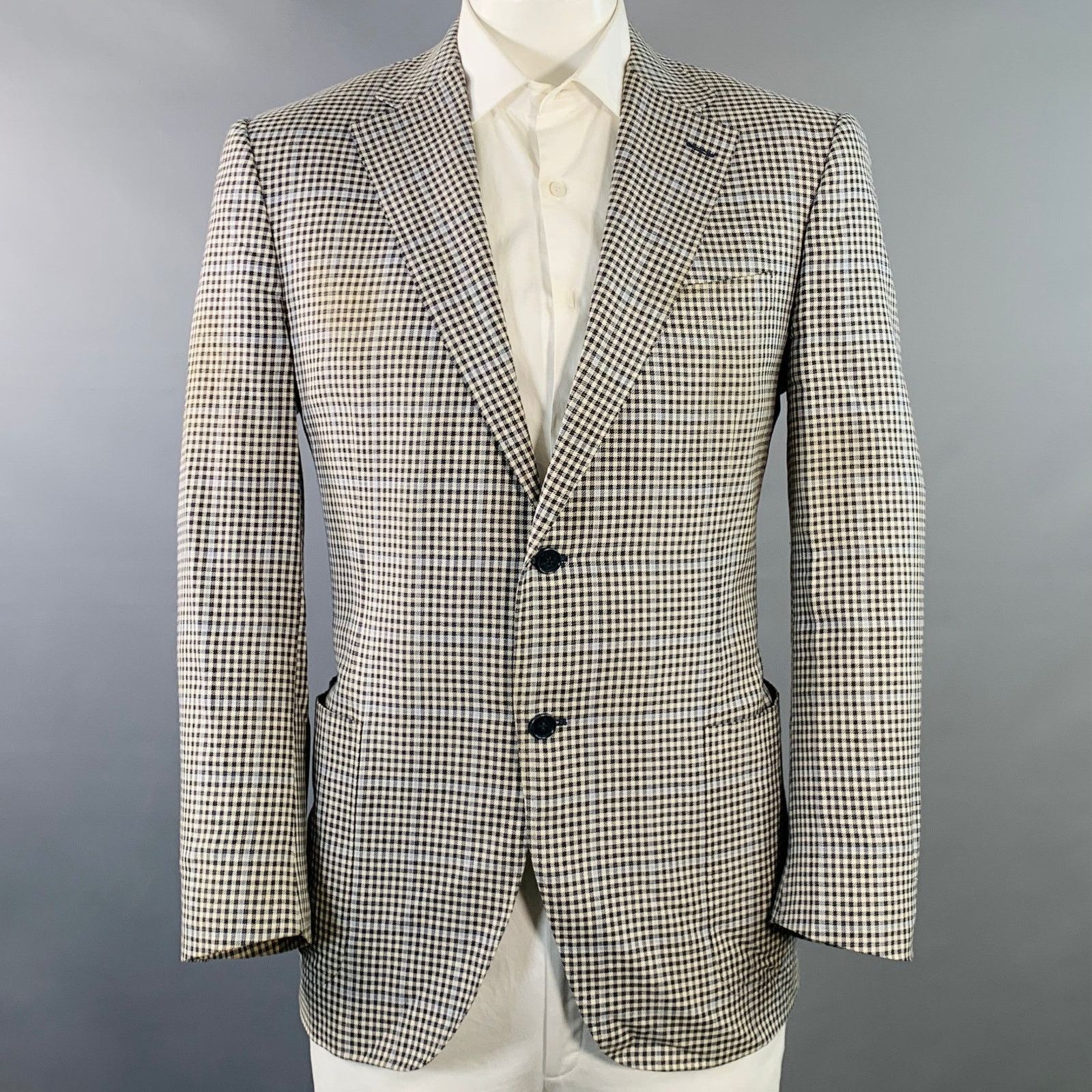 Canali CANALI White Black Checkered Wool Silk Linen Sport Coat Size 44R - 1 Thumbnail