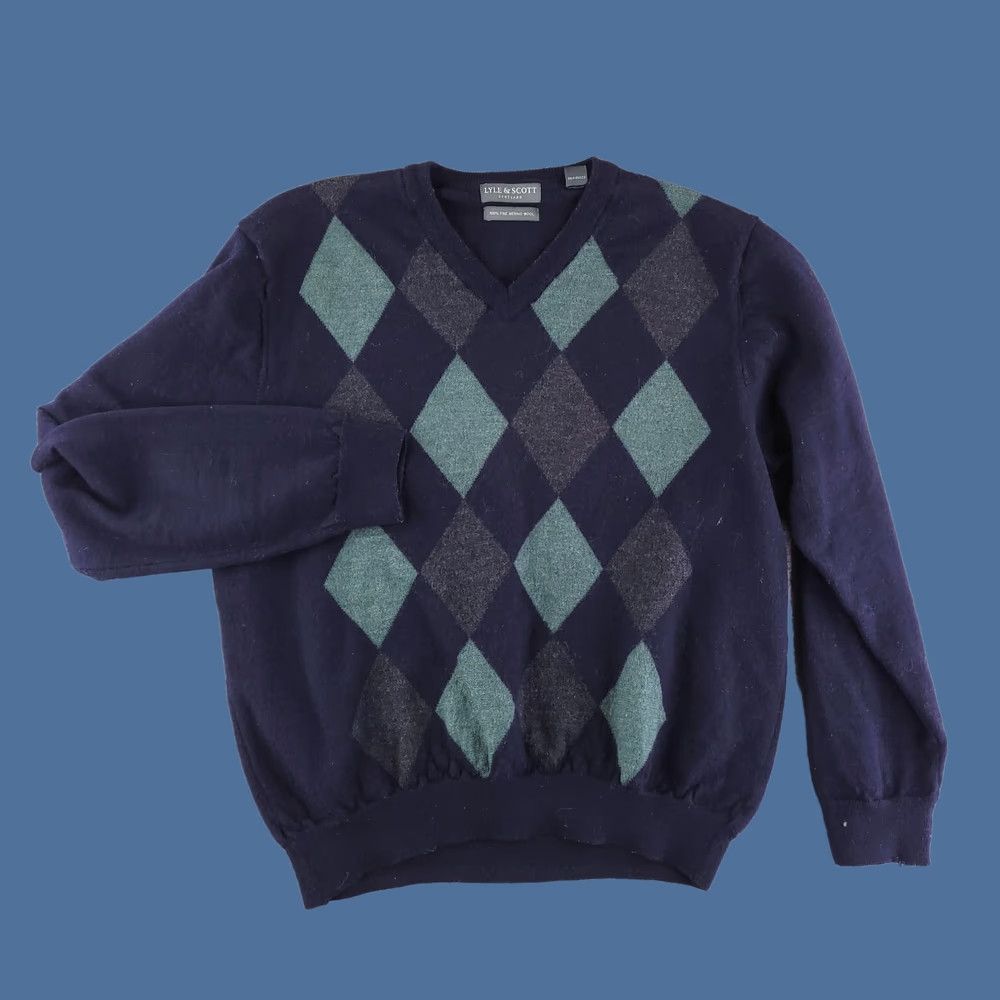 Lyle & Scott Lyle & Scott Sweater Mens L Navy 100% Merino Wool Argyle V-Neck Pullover Virg Size US L / EU 52-54 / 3 - 1 Thumbnail