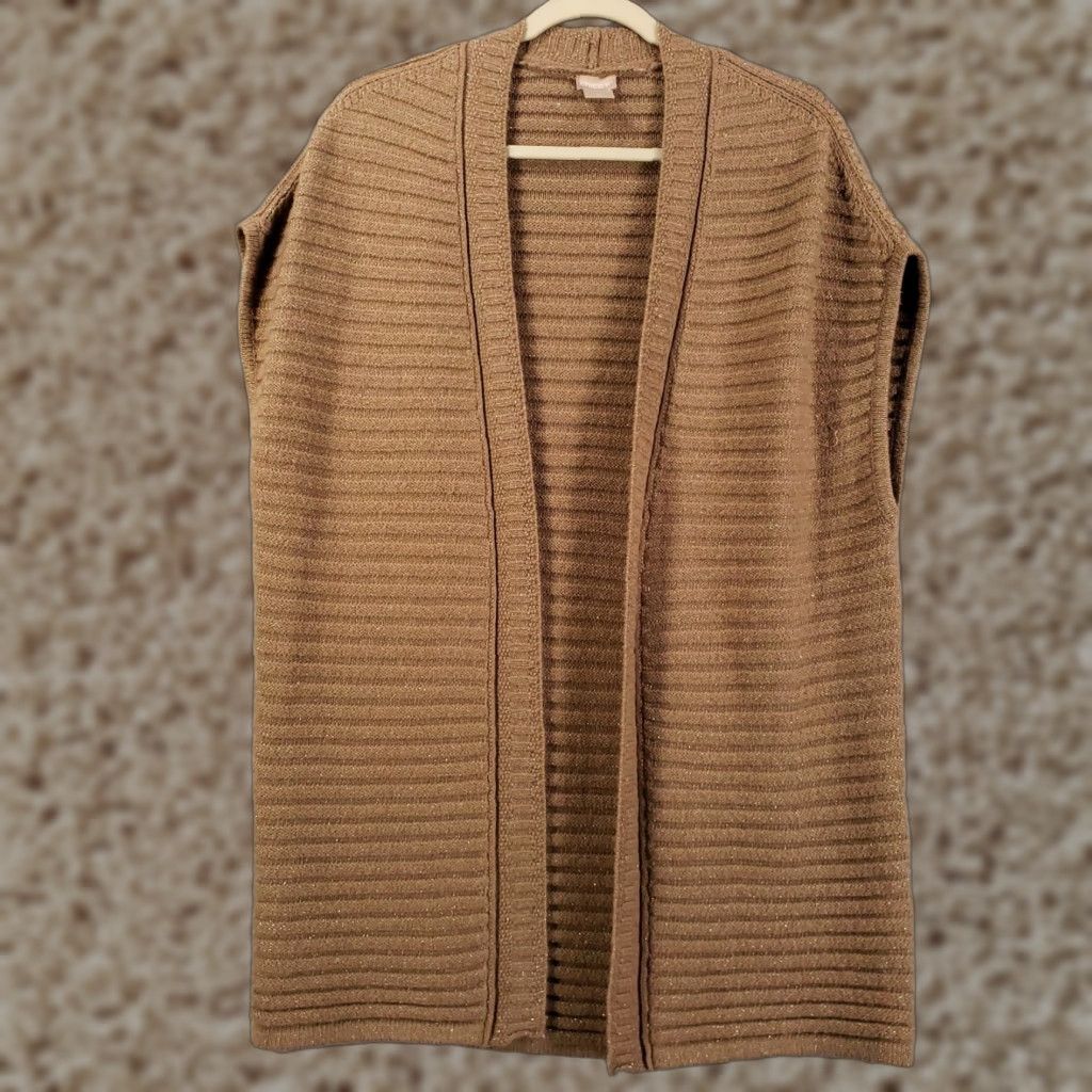 Vintage Chicos Wool Cardigan Vest Womens Medium Tan Shimmer Sparkle Ribbed Sweater Size M / US 6-8 / IT 42-44 - 1 Thumbnail