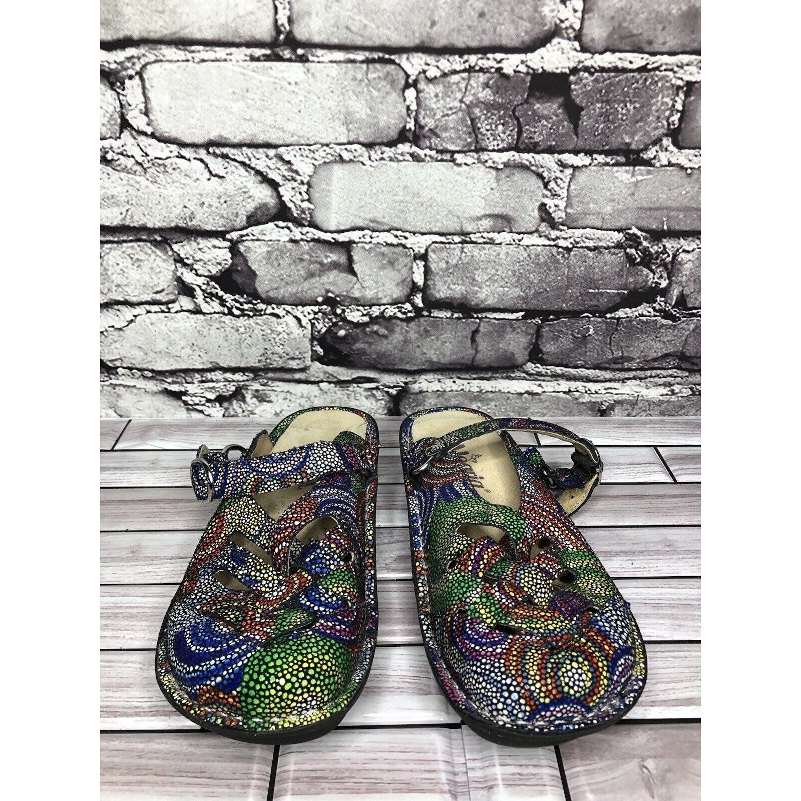 Allegri Alegria Fre-387 Rainbow Mosaic Leather Strap Clogs Shoes Wom Size US 5 / IT 35 - 4 Thumbnail