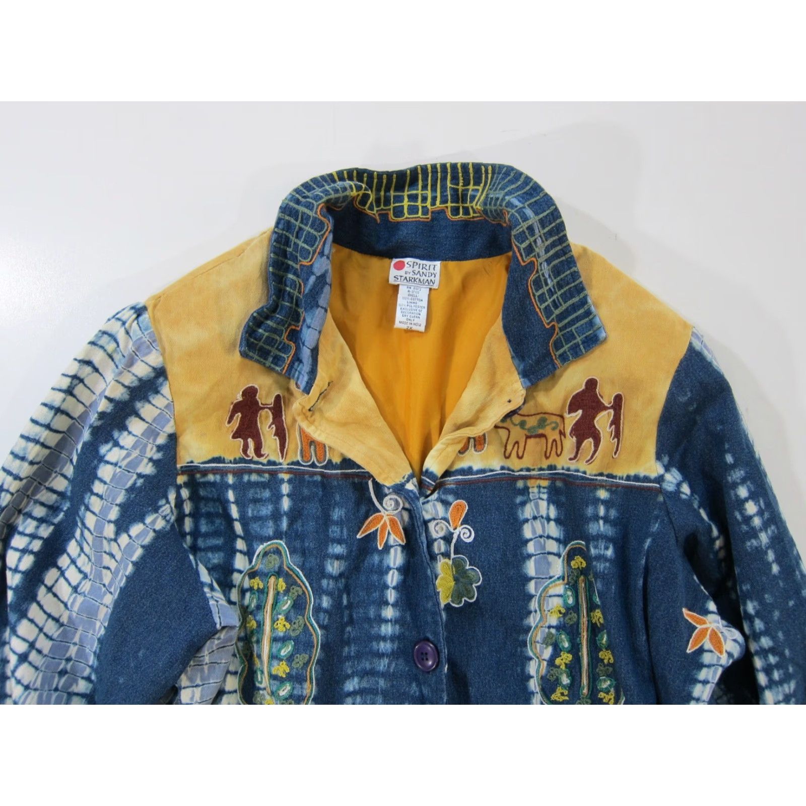 ESPIRIT Sandy Starkman Spirit Cotton Blue Brown Tie Dye Embroidered Hippy Boho Jacket 2X Shirt 1990s Mens Size XXL / US 16-18 / IT 52-54 - 3 Thumbnail