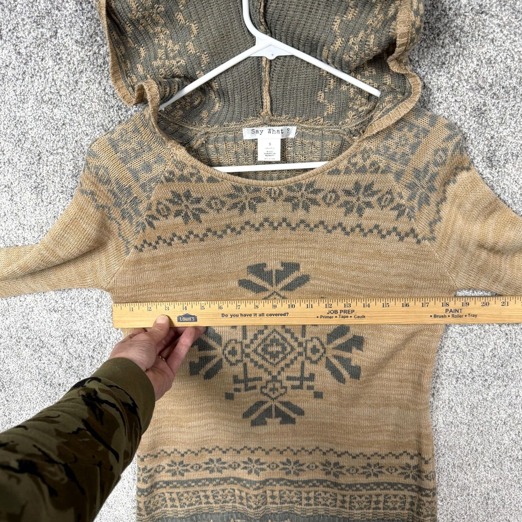 Vintage Say What Tunic Sweater Womens S Tan Knit Hoodie Fringe Aztec Print Boho Festival Size S / US 4 / IT 40 - 4 Thumbnail