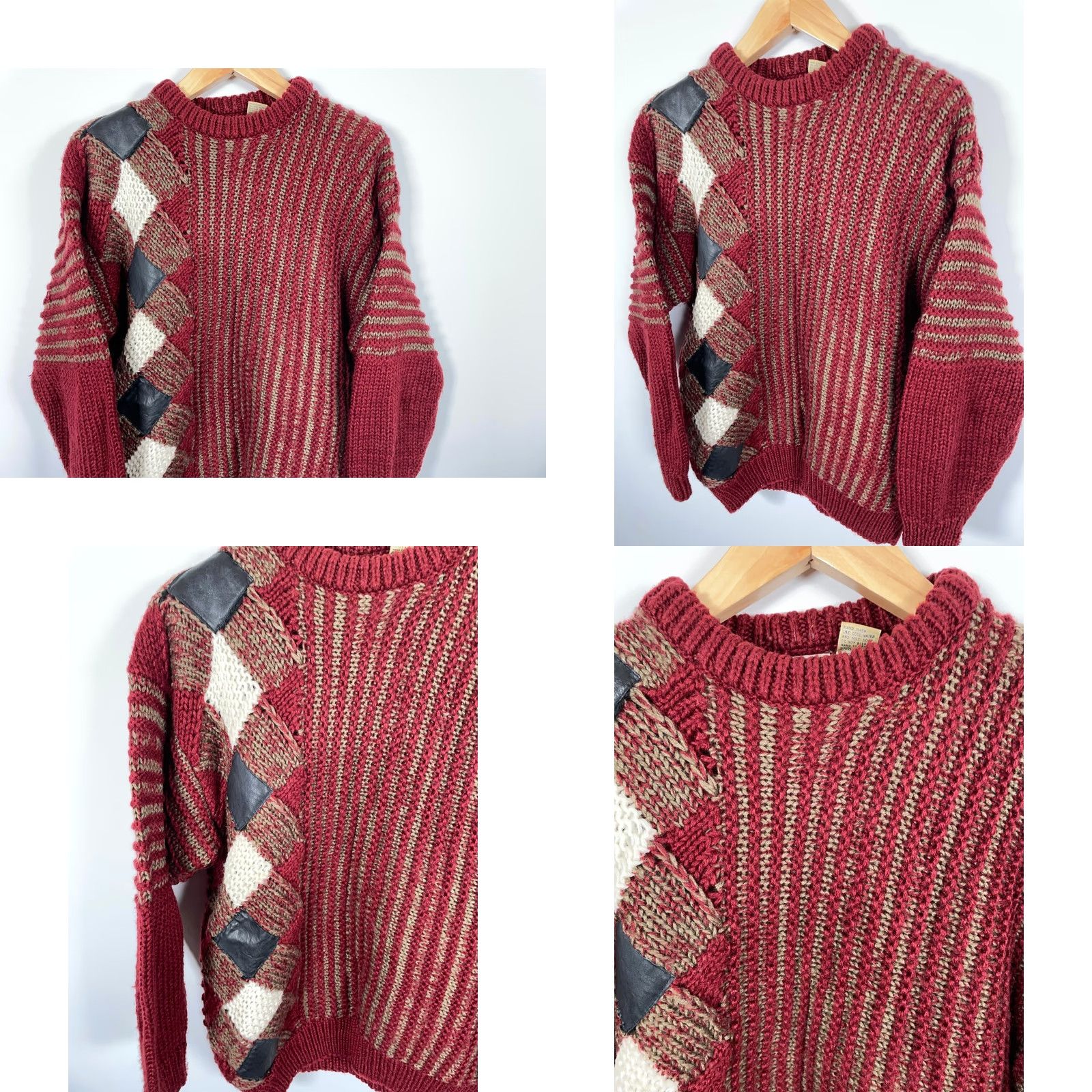 Vintage VINTAGE 80s Leather Trim Heavyweight Knit Sweater Men's Large Red Crewneck Pullover Striped Casual Essentials Mens Size US L / EU 52-54 / 3 - 8 Thumbnail