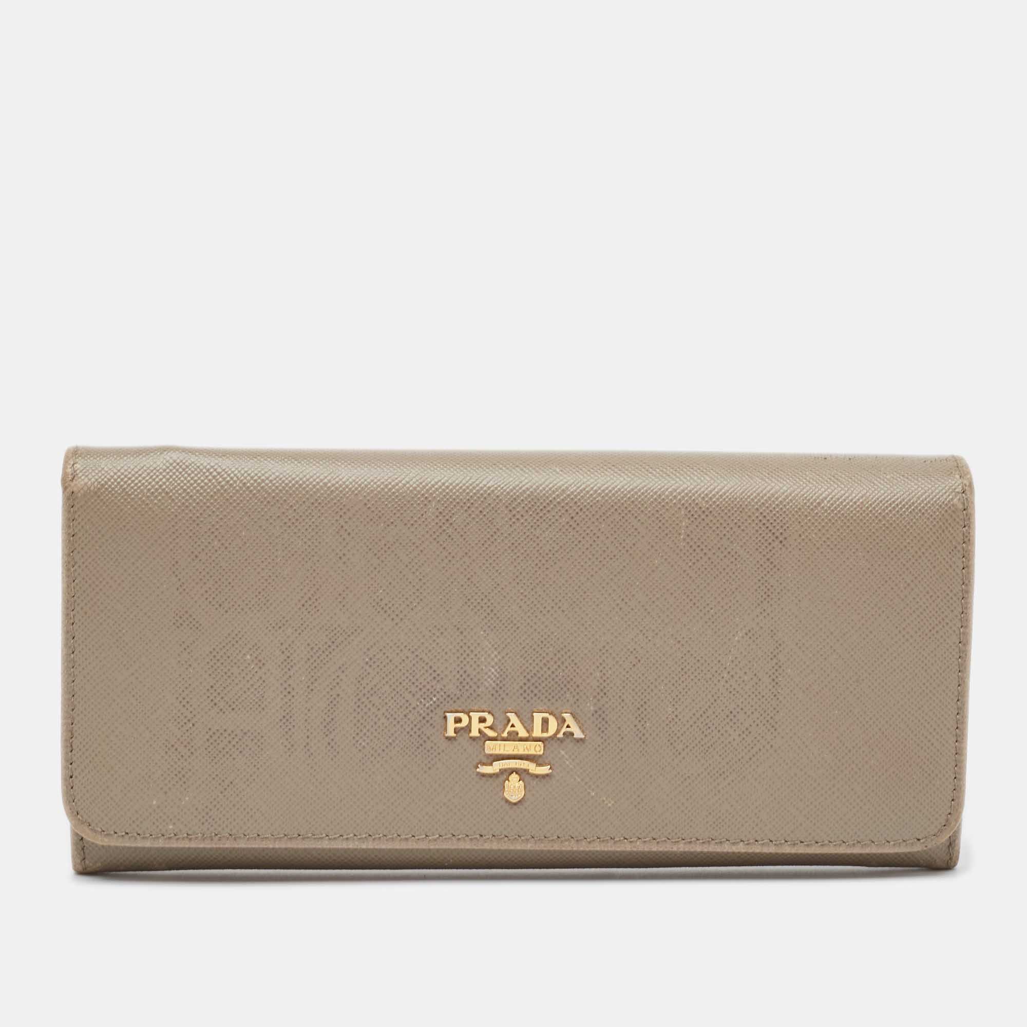 image of Prada Grey Saffiano Leather Flap Continental Wallet, Women's