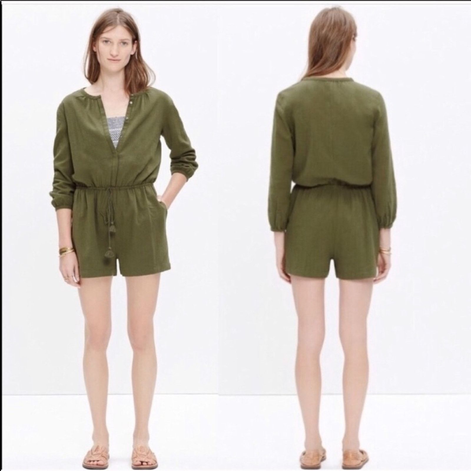 Madewell NEW MADEWELL Mallorca Button Army Olive Green Shorts Romper Size 28" / US 6 / IT 42 - 1 Thumbnail