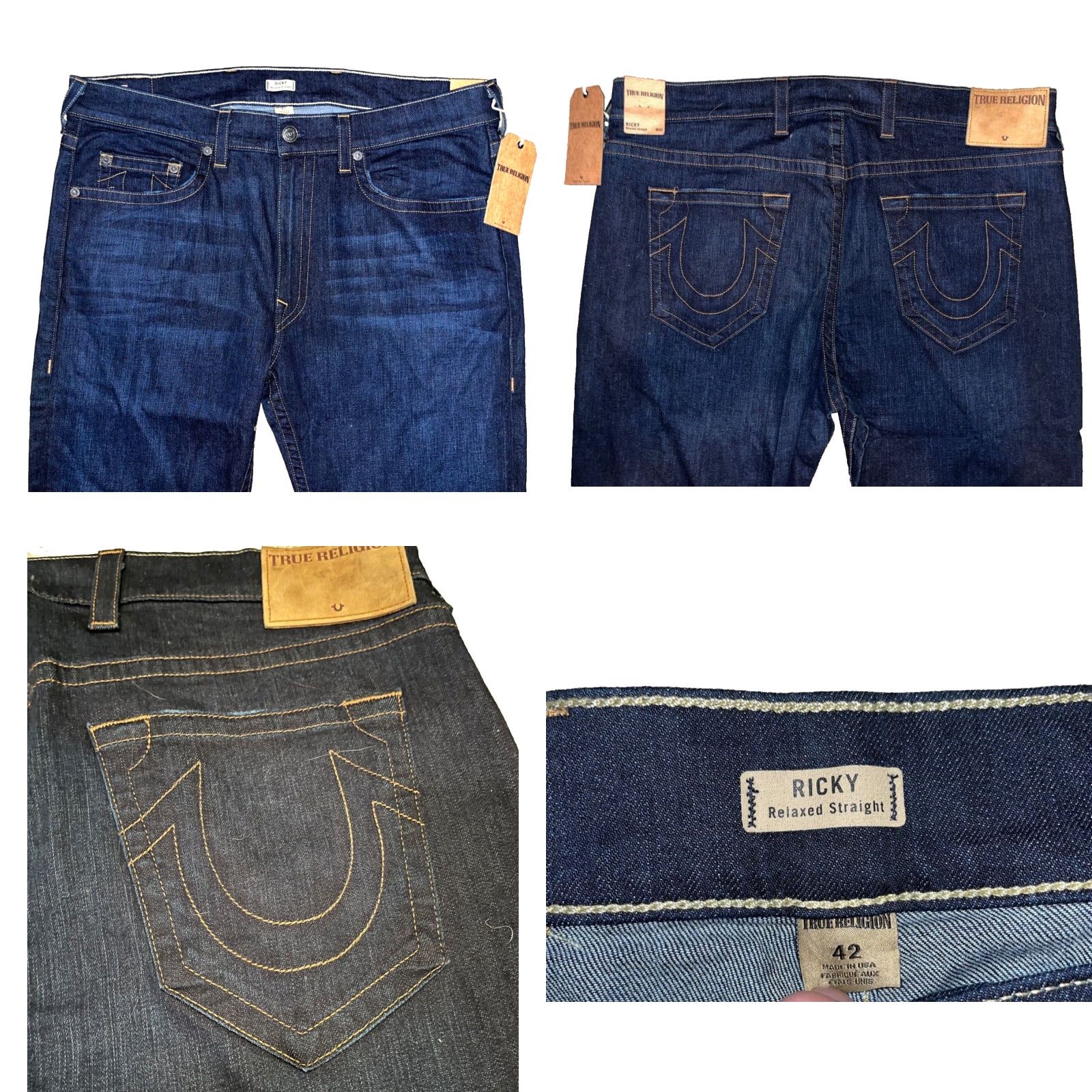 True Religion True Religion Ricky Straight Jeans 42x34 Dark Wash Mens Regular 42 Blue Denim Stretch USA Logo Pocket Zipper Button Casual Straight Mens Size US 42 / EU 58 - 8 Thumbnail