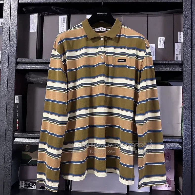 Miu Miu Miu Miu Size XL Yellow-green-brown striped polo Size US XL / EU 56 / 4 - 1 Thumbnail