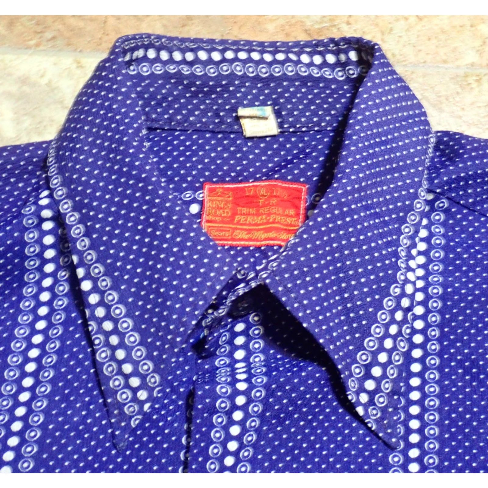 Sears SEARS Kings Road MCM Disco Shirt Mens XL Vintage 70s Groovy Blue White Dot AOP Button-Front Shirt - True Vintage 1965-1976 50s 60s 70s Size US XL / EU 56 / 4 - 3 Thumbnail