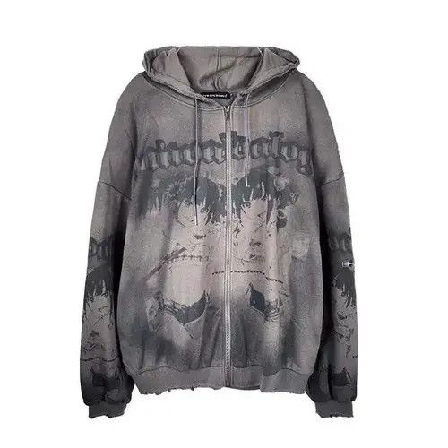 Anime Girls Distressed Zip Up Hoodie