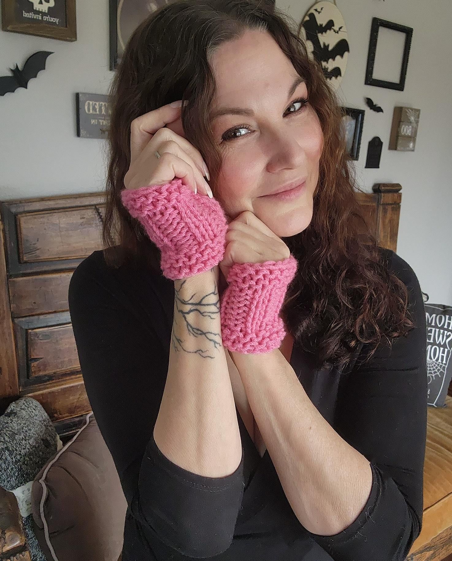 Handmade Hand Knit Fingerless Gloves, Armwarmers in Pink, One of a Ki Size ONE SIZE - 4 Thumbnail