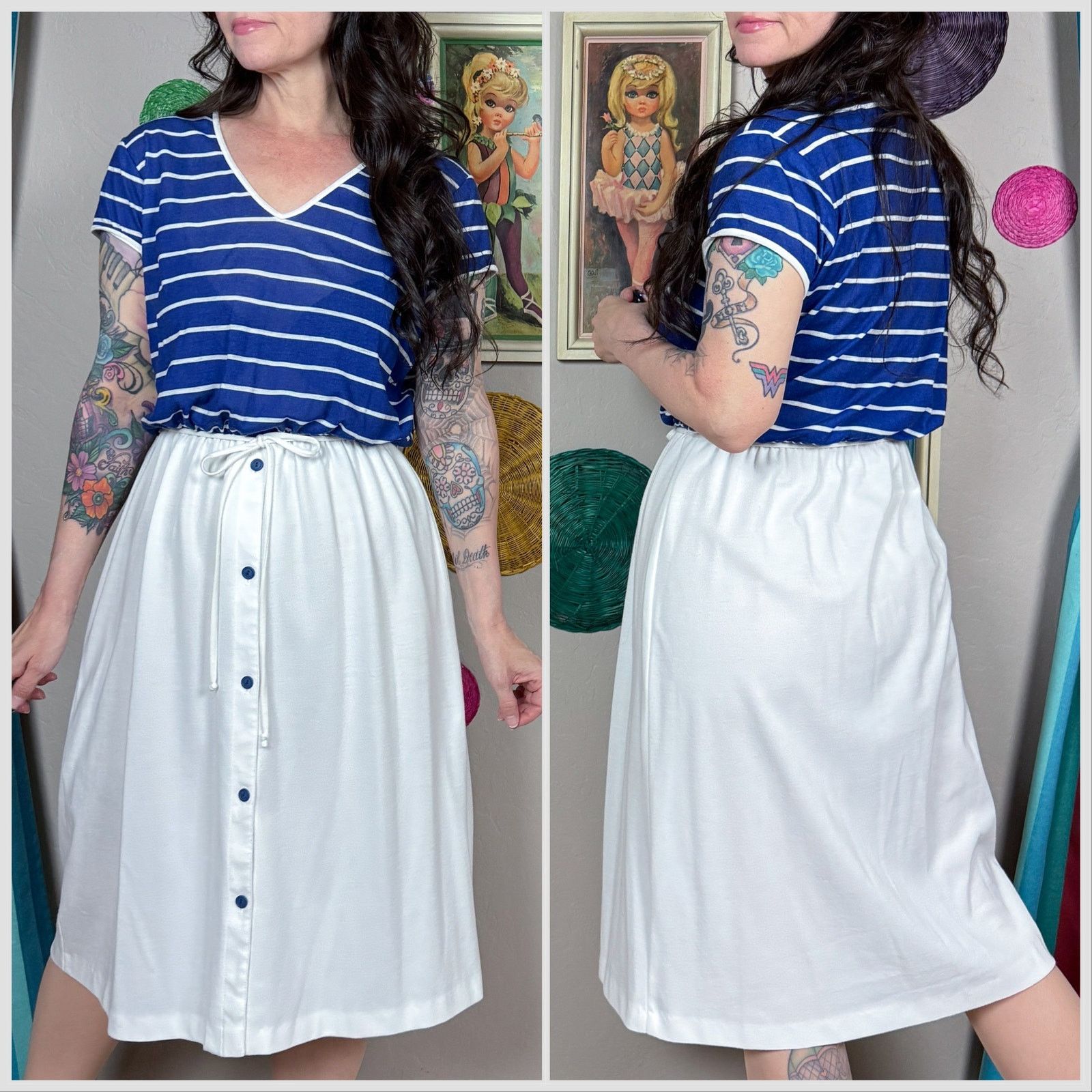 Vintage Vintage 1970s Blue and White Striped T-Shirt Dress Size S / US 4 / IT 40 - 3 Thumbnail