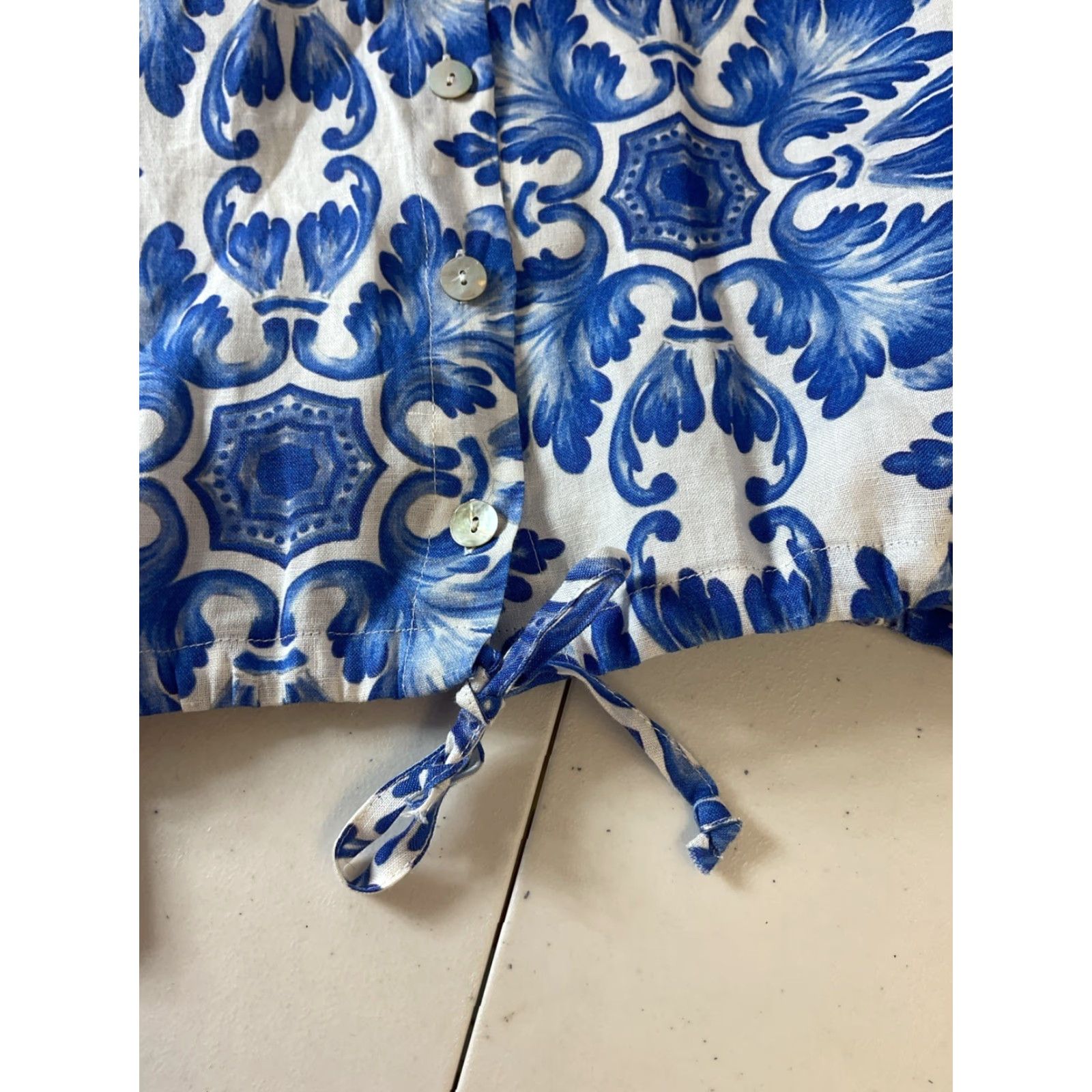 Idillio Positano Womens Blue Floral Linen L/S Button-Up Shirt with  Drawstring Waist MD Italy