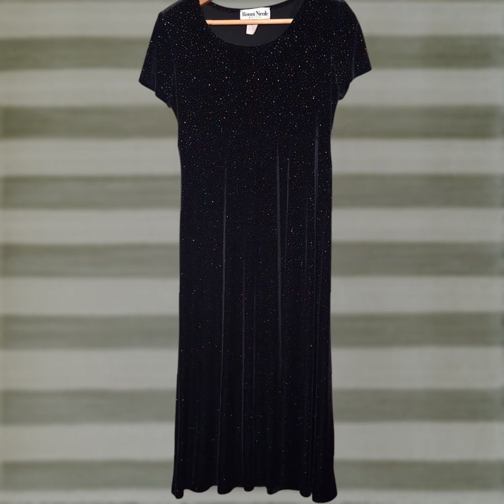 Velour VINTAGE Ronni Nicole Maxi Dress 6P Black Velour Rainbow Glitter Whimsical Size M / US 6-8 / IT 42-44 - 1 Thumbnail