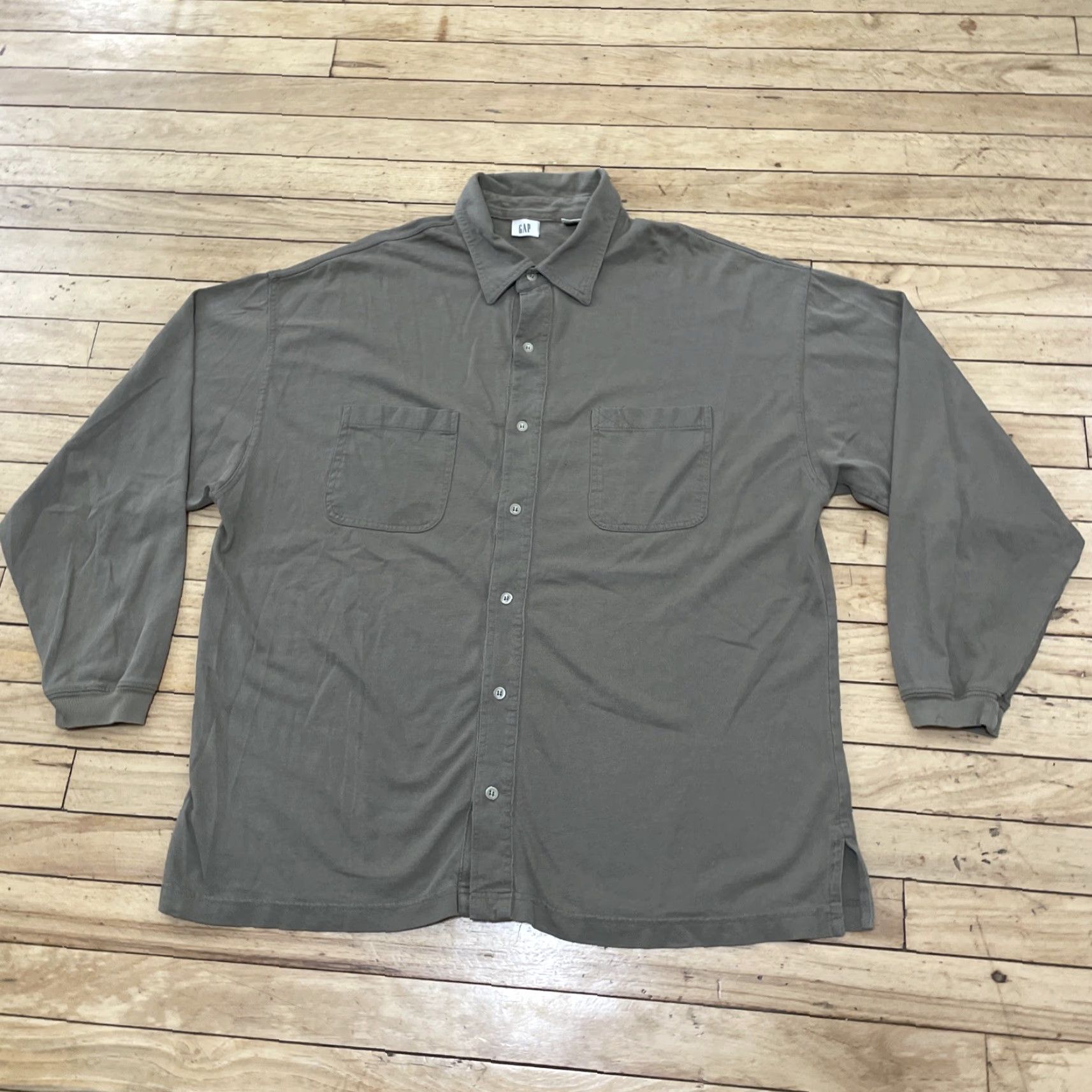 Gap VINTAGE Gap Shirt Men L Olive Green 90s Y2K Jersey Stretch Button Up Cuffed Sleeve Size US L / EU 52-54 / 3 - 3 Thumbnail