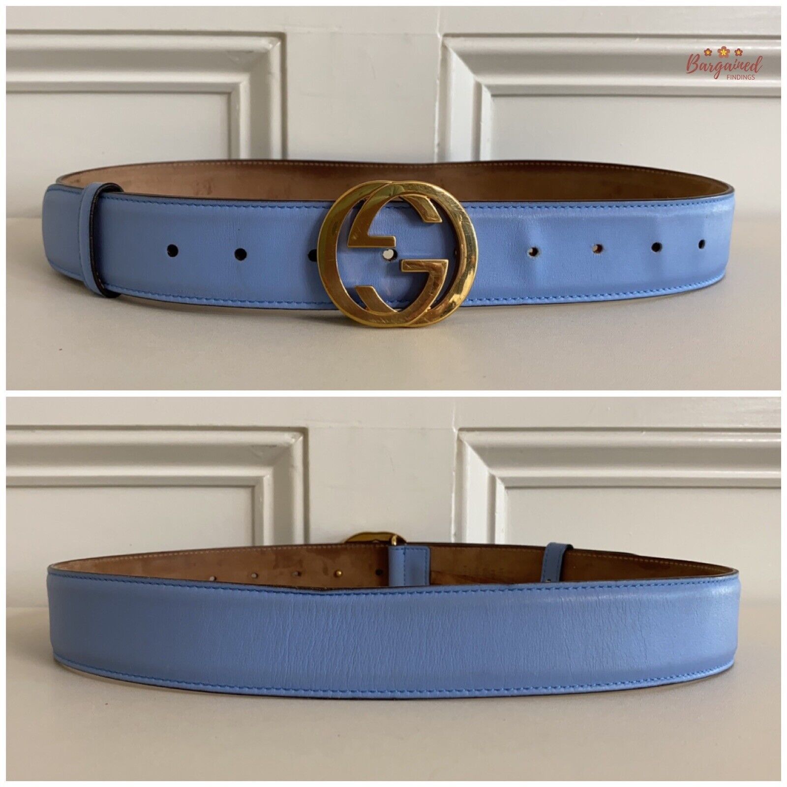 Gucci Gucci Blue Calfskin Leather Gold Interlocking G Buckle Belt Size 30 - 5 Thumbnail