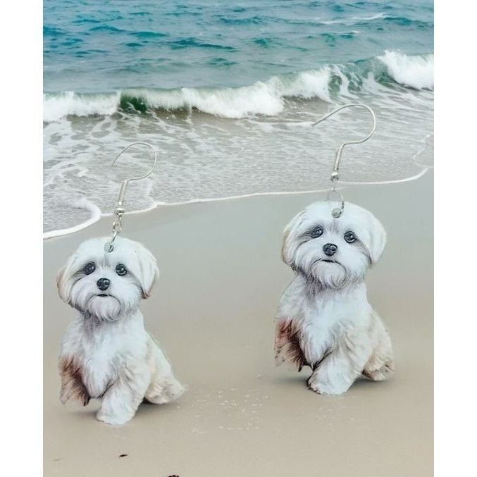 Handmade Bichon Frise Earrings New Dangle Hooks Double Sided Fluffy W Size ONE SIZE - 3 Thumbnail