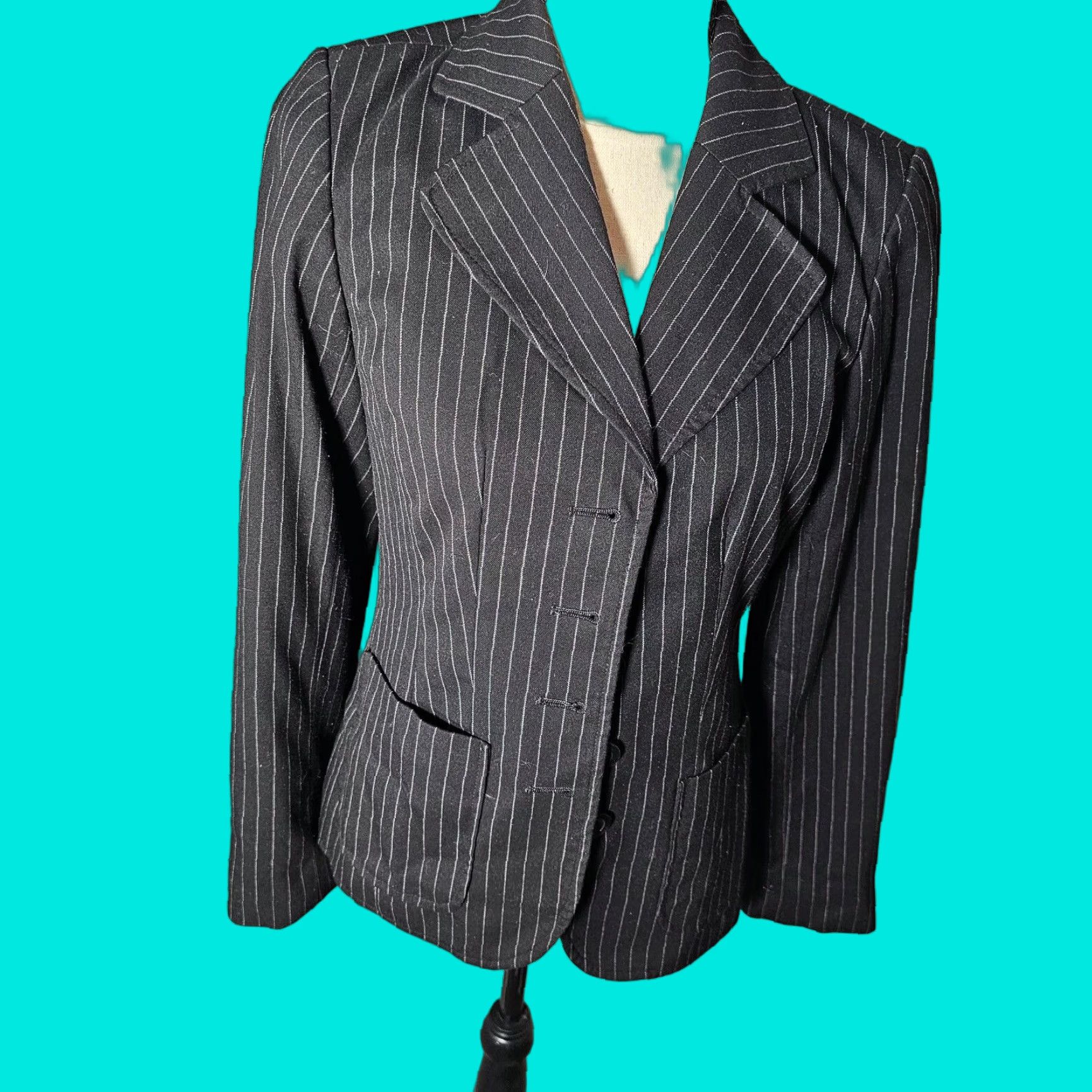 Vintage Apostrophe Black Blazer Jacket Women's Size 2 Pinstripe Front Button Four-Button Single-Breasted Pocket Formal Chest Small Size 2 Black Size XS / US 0-2 / IT 36-38 - 1 Thumbnail