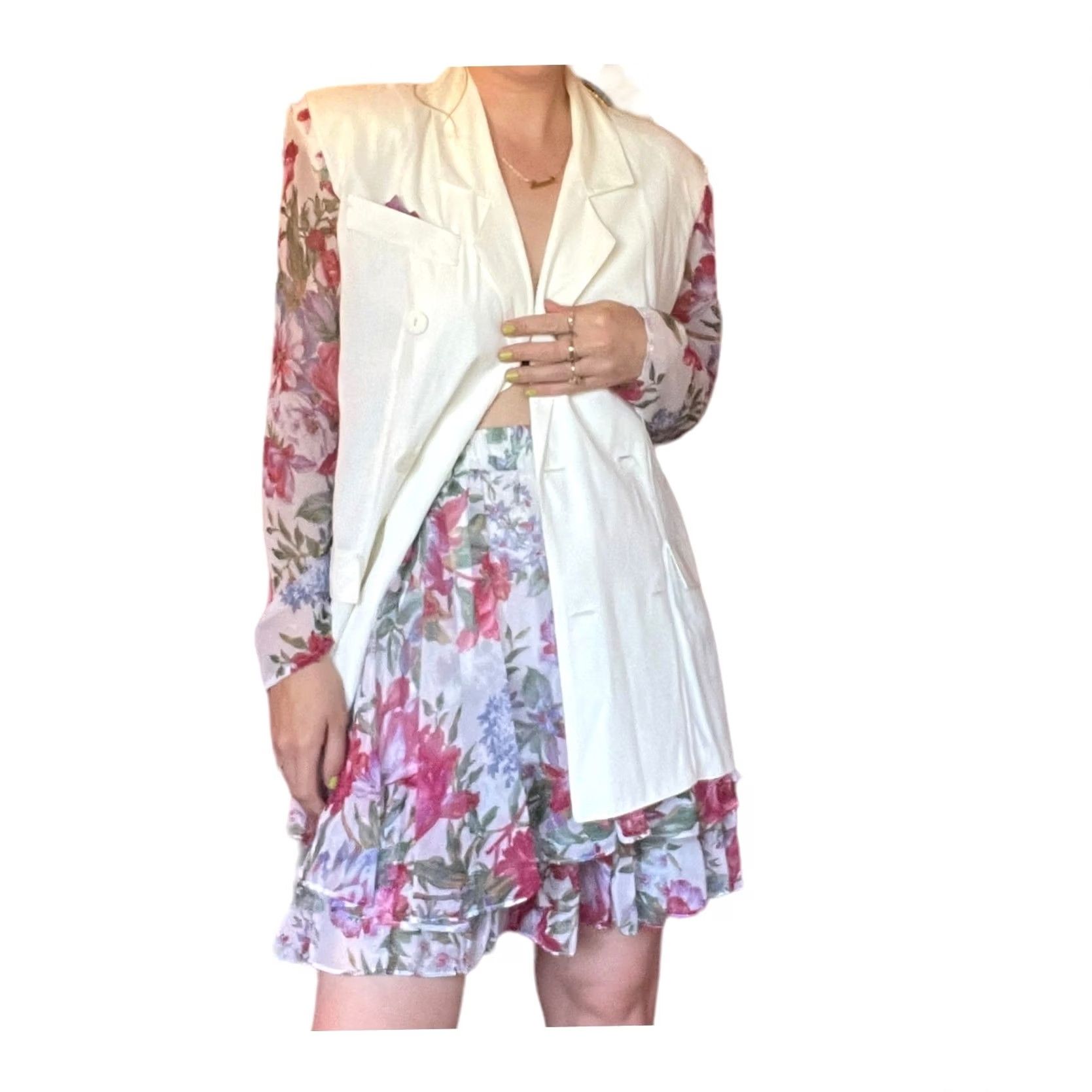 Vintage VINTAGE Floral Set: Cream Pink 70s Blazer Skirt Outfit Women's M Party/Cocktail Size 32" / US 10 / IT 46 - 4 Thumbnail