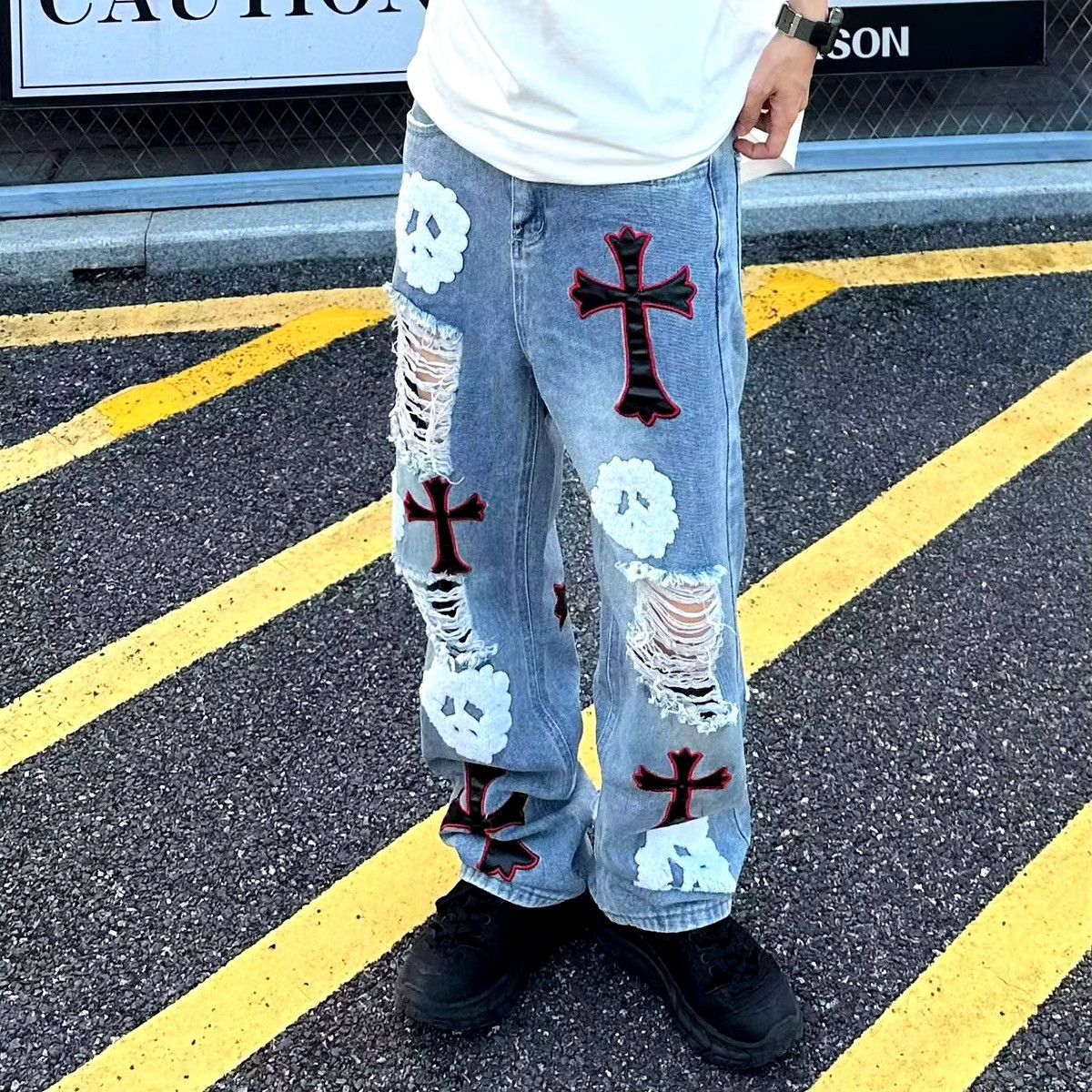 Designer × Jean High street heavy embroidered ripped straight cross jeans Size US 32 / EU 48 - 3 Thumbnail