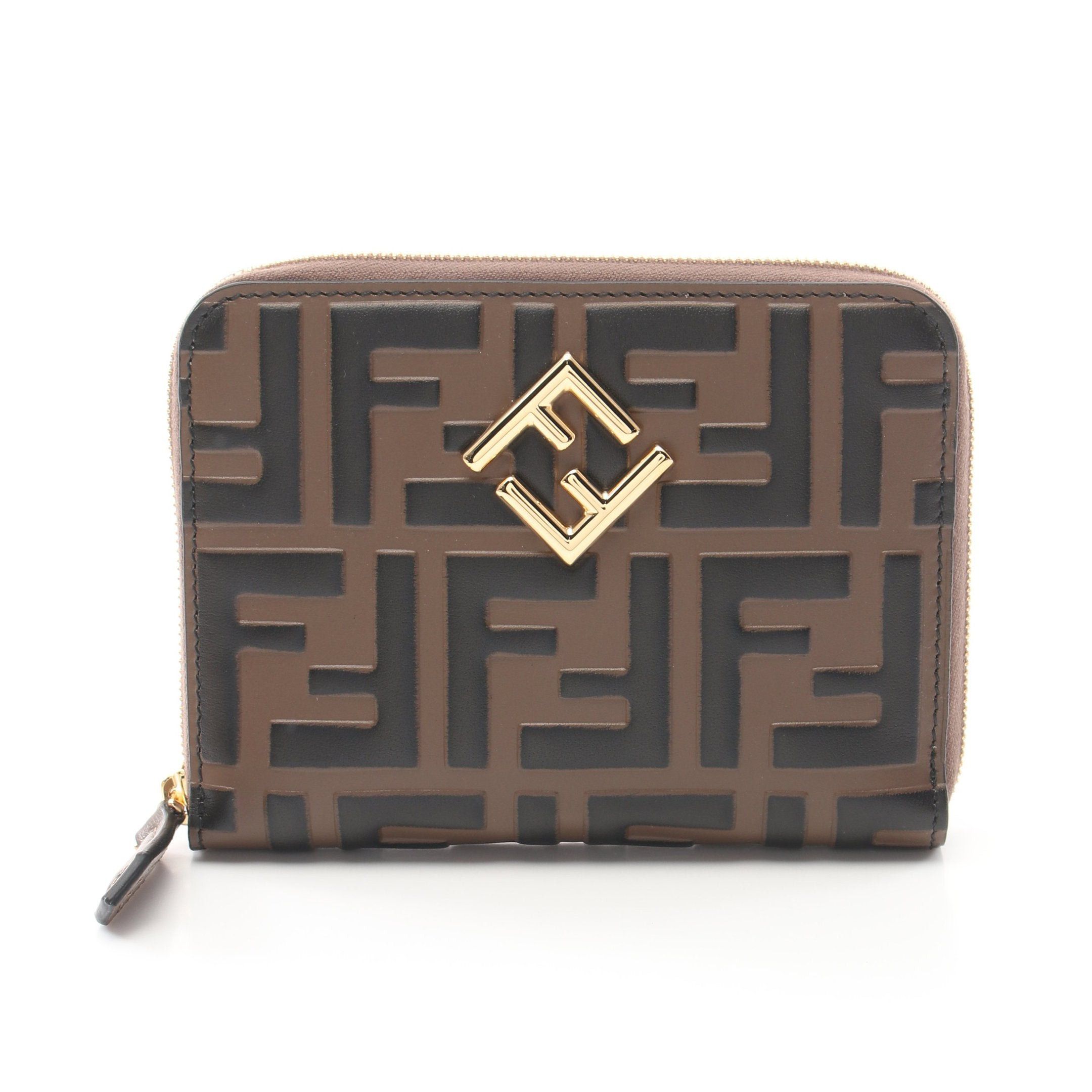 Fendi Fendi Ff Diamond Round Zipper Wallet Leather Brown Black Size ONE SIZE - 1 Thumbnail