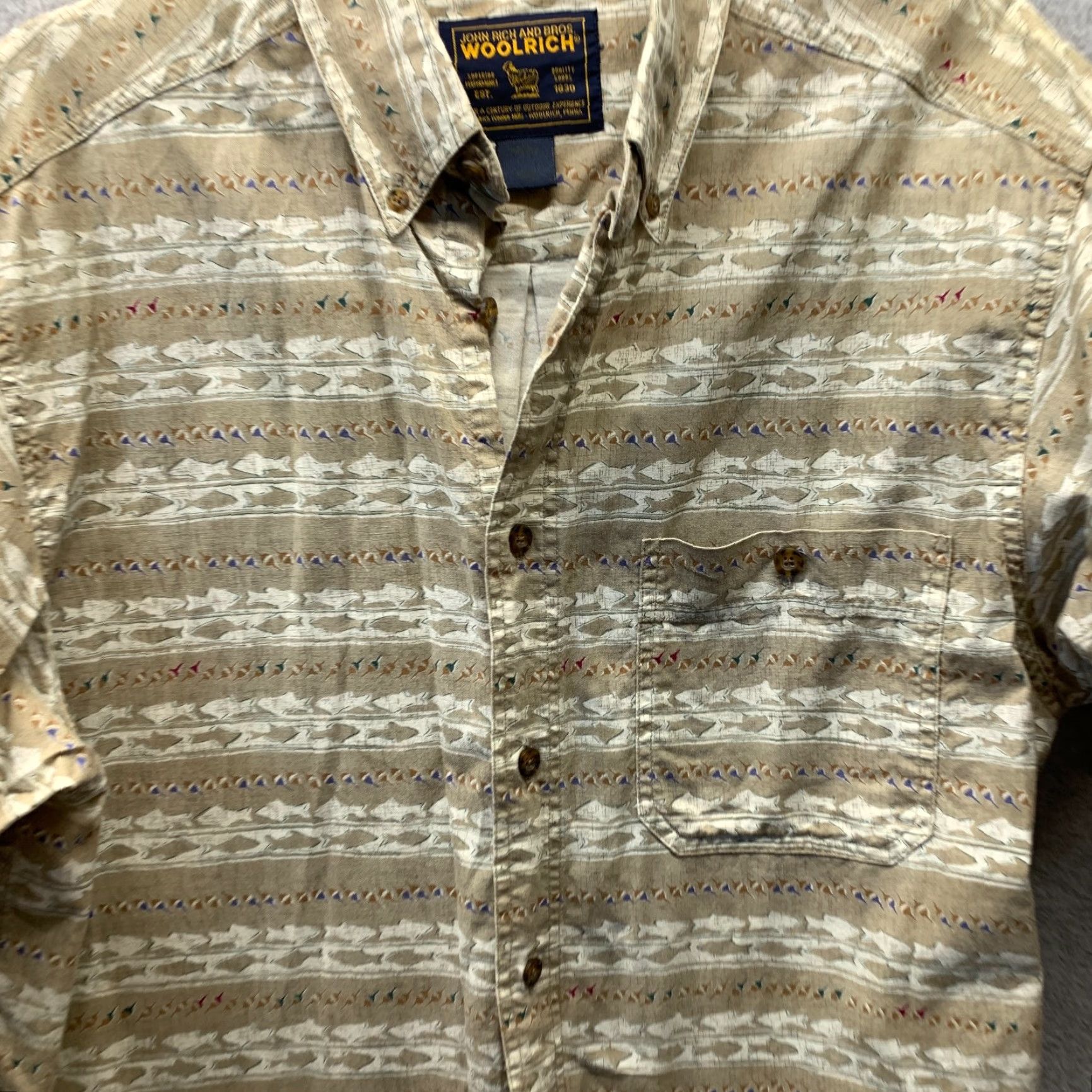 Vintage VINTAGE Woolrich Shirt Mens Button-Up Short Sleeve Collared Brown Fish Print Large 90s Size US L / EU 52-54 / 3 - 3 Thumbnail