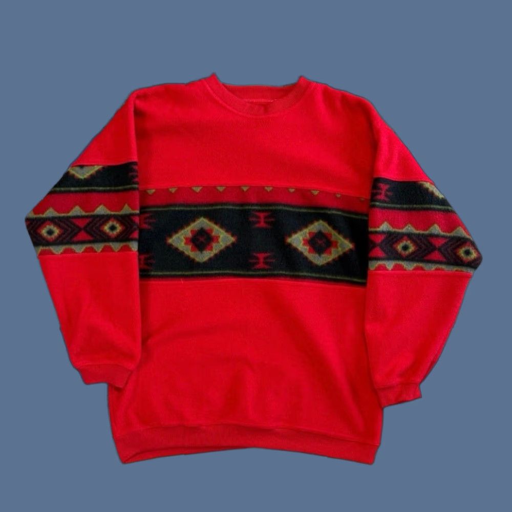 Bugle Boy VINTAGE Bugle Boy Sweatshirt Aztec Pattern Crew Neck Fleece Sweatshirt Size L Men 90s Red Size US L / EU 52-54 / 3 - 1 Thumbnail