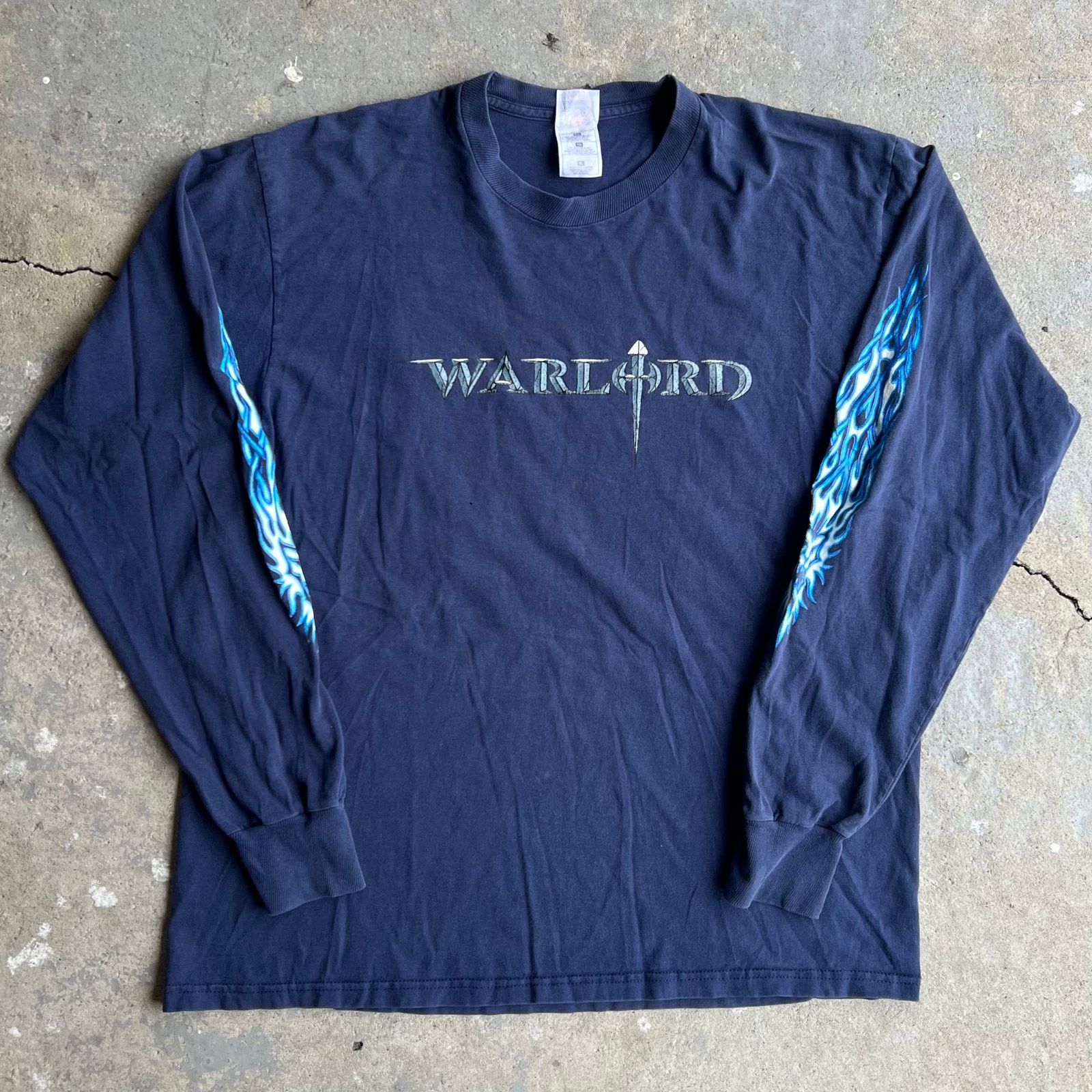 Vintage Y2K warlord freedom flame sleeve graphic blue shirt