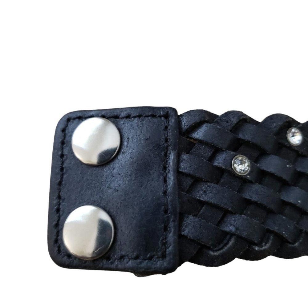 Designer Rhinestone & Weaved Leather Rose Cuff Black Size ONE SIZE - 5 Thumbnail