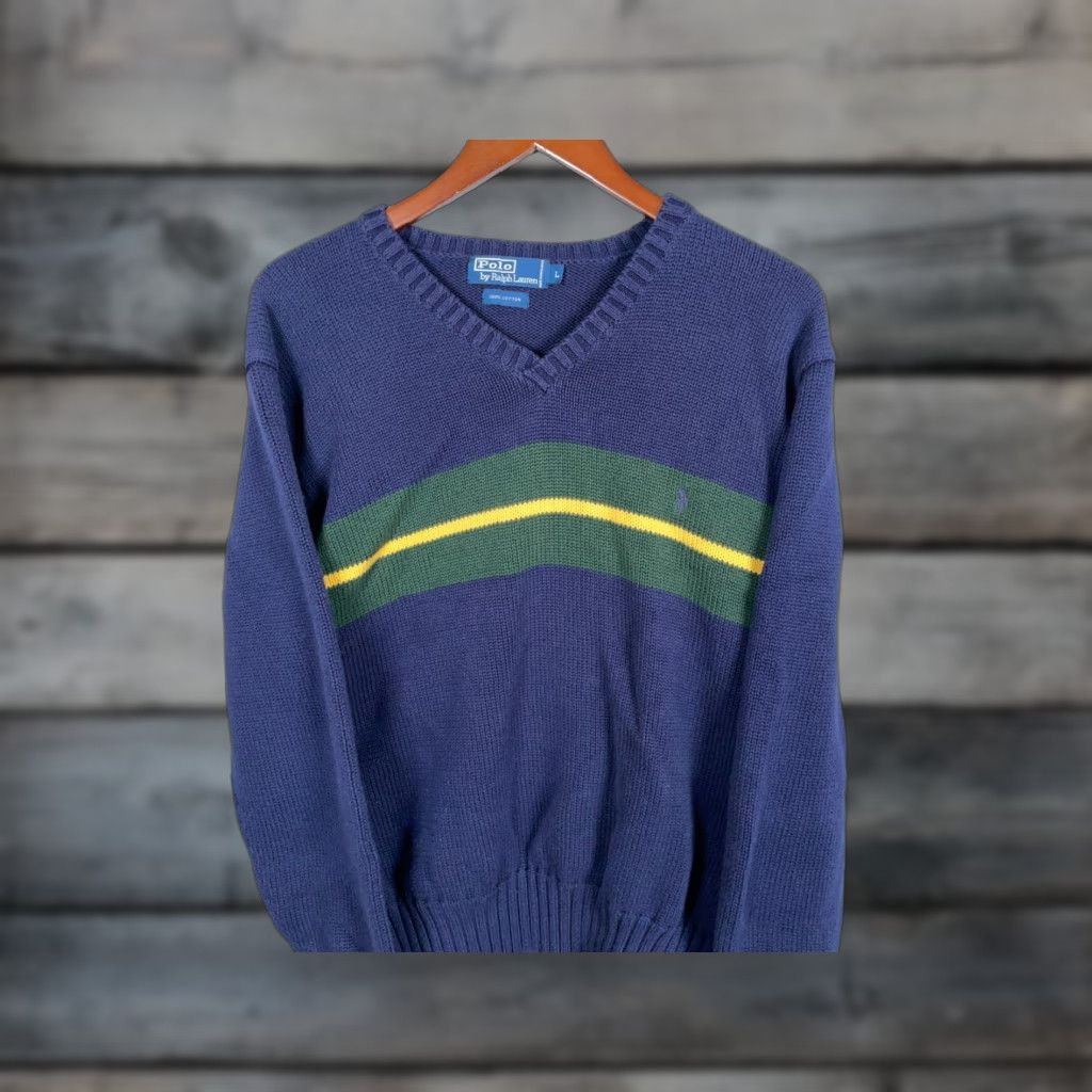 Polo Ralph Lauren POLO RALPH LAUREN Cotton Chunky-Knit V-Neck Sweater Adult Large Blue Green Stripe Casual Mens Size US L / EU 52-54 / 3 - 1 Thumbnail