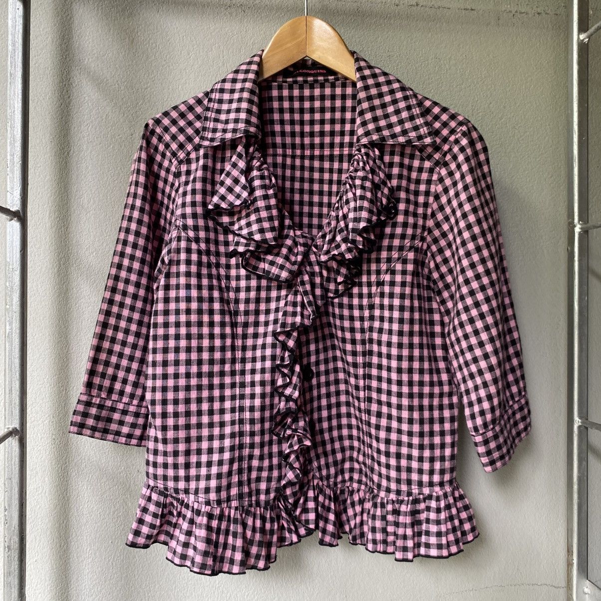 Japanese Brand ALGONGUINS Y2K Punk Pink Black Gingham Ruffle Blouse Size M / US 6-8 / IT 42-44 - 10 Thumbnail
