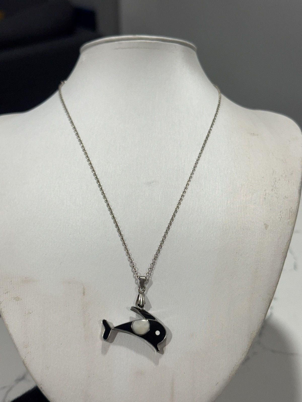 Sterling Silver Silver Orca Whale Pendant Necklace | Onyx & Mother of Pearl Size ONE SIZE - 1 Thumbnail